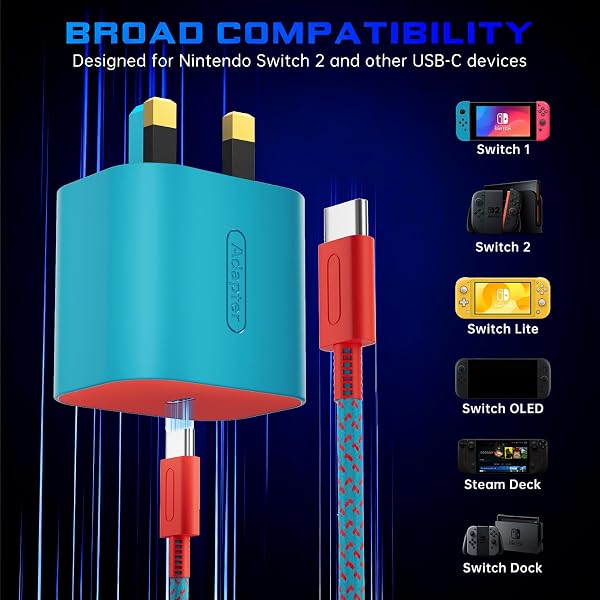 TPC Charger for Nintendo Switch 2, 60W Fast Charging for Switch, AC Adapter Fast Charging with 6.6FT Braided USB-C Cord, Compatible with Switch 1, Lite, OLED, Steam Deck, Support 4K TV Mode Cyan - 4