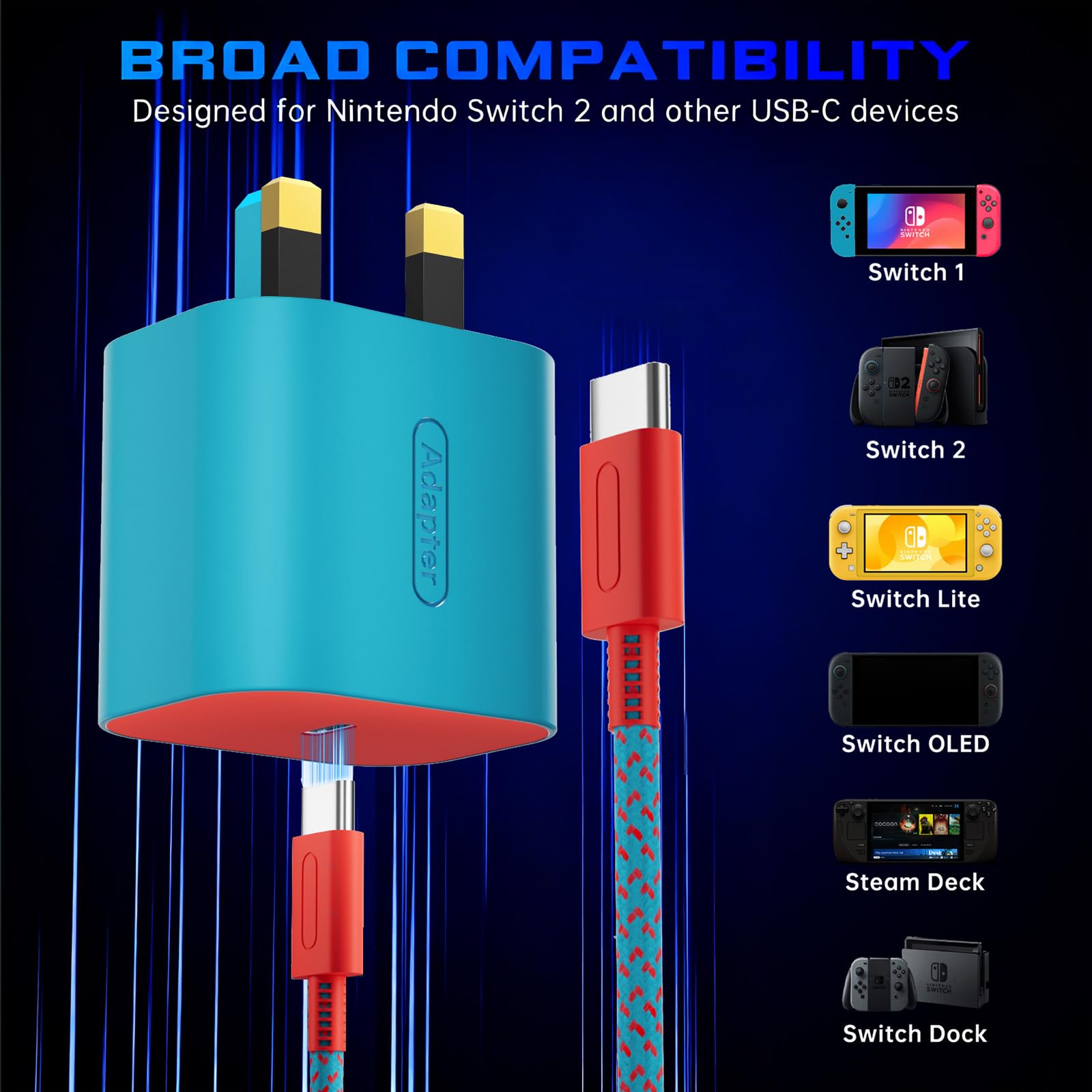 TPC Charger for Nintendo Switch 2, 60W Fast Charging for Switch, AC Adapter Fast Charging with 6.6FT Braided USB-C Cord, Compatible with Switch 1, Lite, OLED, Steam Deck, Support 4K TV Mode Cyan — view 4