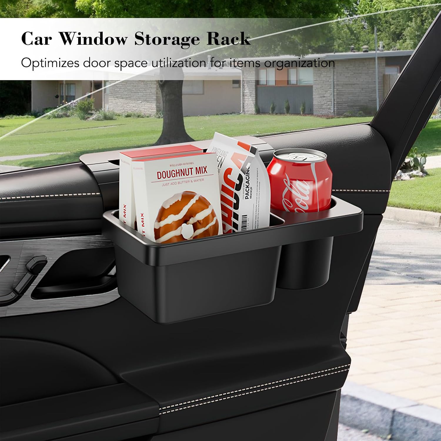 Car Window Storage Organizer, 2.7‘’ Water Cup Holder for Car Side Door Multi-Functional Vehicle Organizer Rack for Cell Phone, Key, Bottle, Snacks, Fit for Most of Cars - Black, 1 Pack