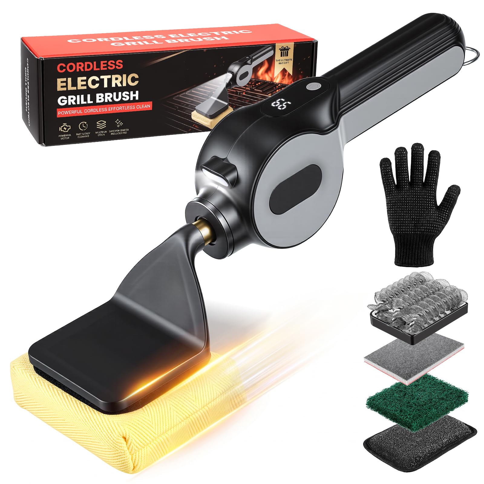 Limpiador de Barbacoa Electrica, 5 En 1 Cepillo Electrico Limpieza Barbacoa con Motor Sensible a la Presión de 1100 RPM, Pantalla LCD, Luz LED, Accesorios Barbacoa (No desprende Pelusa, ignífugo)