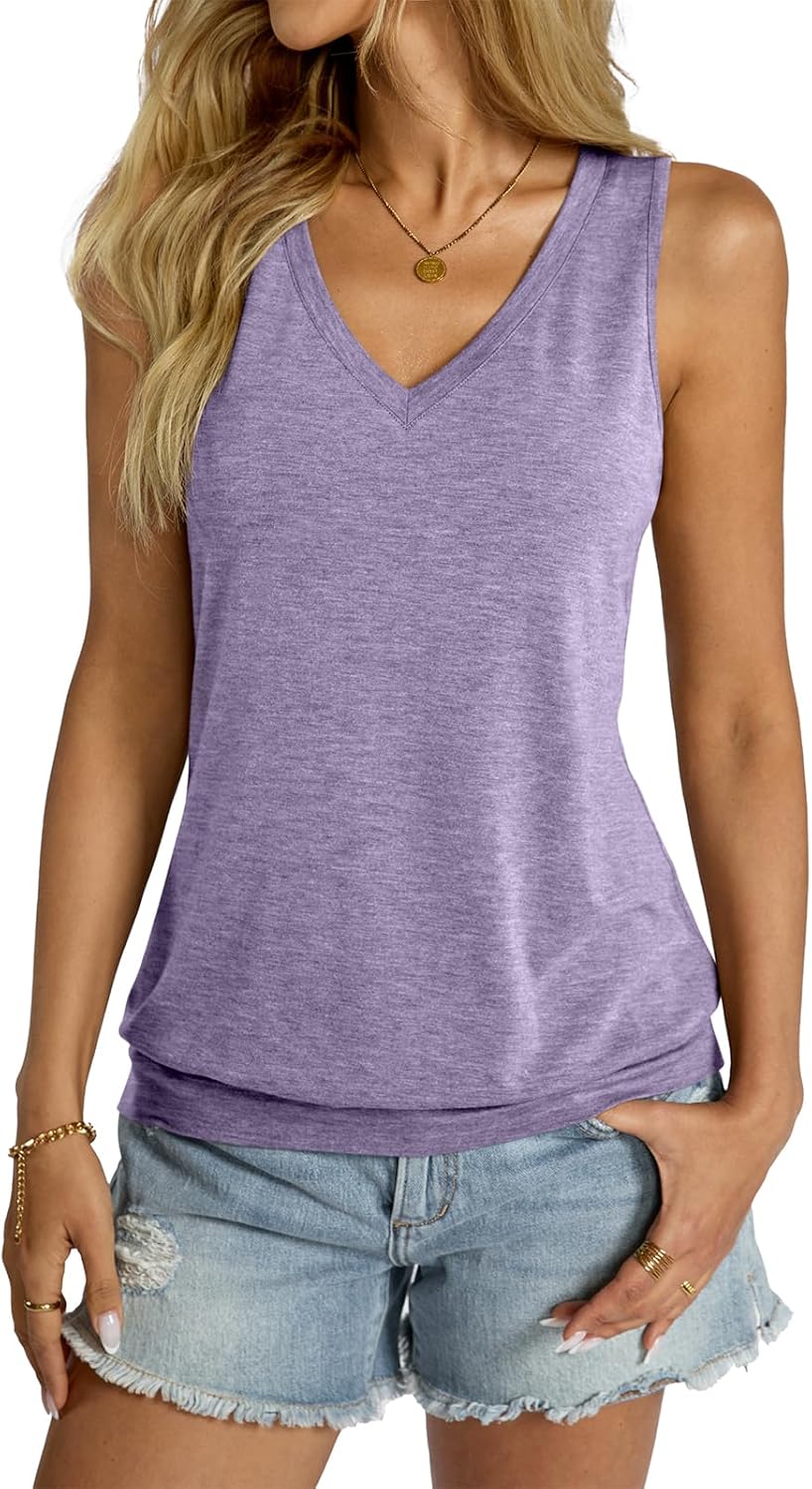 Womens V Neck Tank Tops Sleeveless Banded Hem Shirts Loose Fit Summer Outfits Clothes 2025 - Image 4
