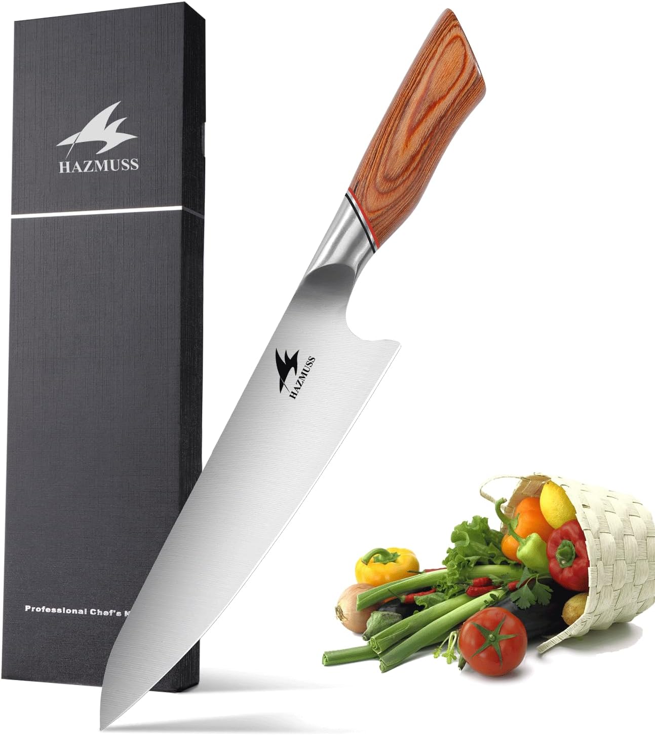 8-Inch Chef's Knife with High-Carbon Stainless Steel Blade and Golden Wood Handle – Professional Kitchen Knife for Precision Chopping, Slicing, and Dicing, Ergonomic Design for Comfort and Control