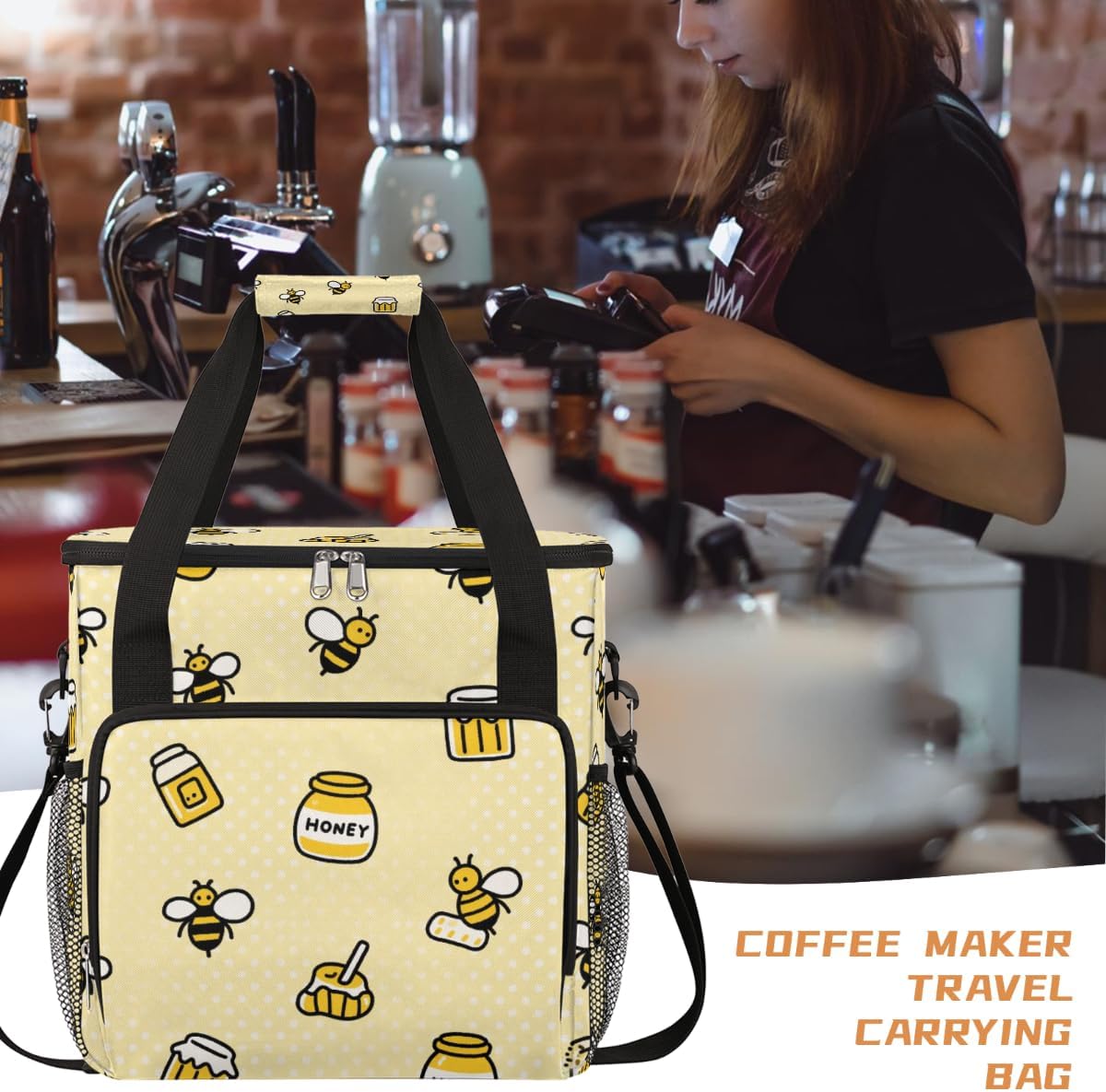 Honey Bees Portable Coffee Maker Carrying Bag Compatible with Keurig K-Mini or K-Mini Plus - Travel Storage Tote with K-Cup Pod Pockets for Single Serve Coffee Brewer