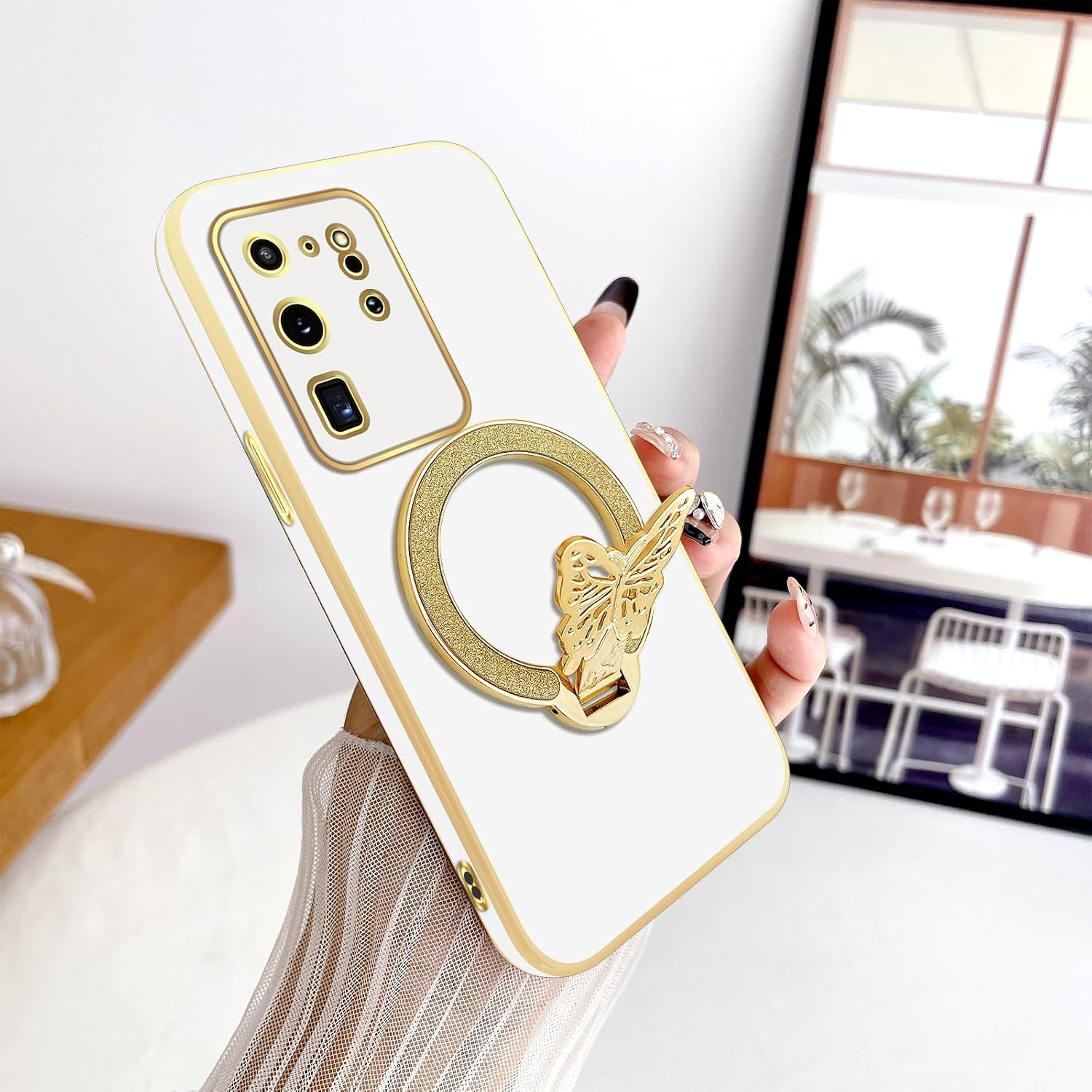 nancheng Cute Phone Case for Samsung Galaxy S20 Ultra 5G (6.9-inch), with Butterfly Kickstand Design for Girls Women Trendy Shockproof Protective Cover - White image 2