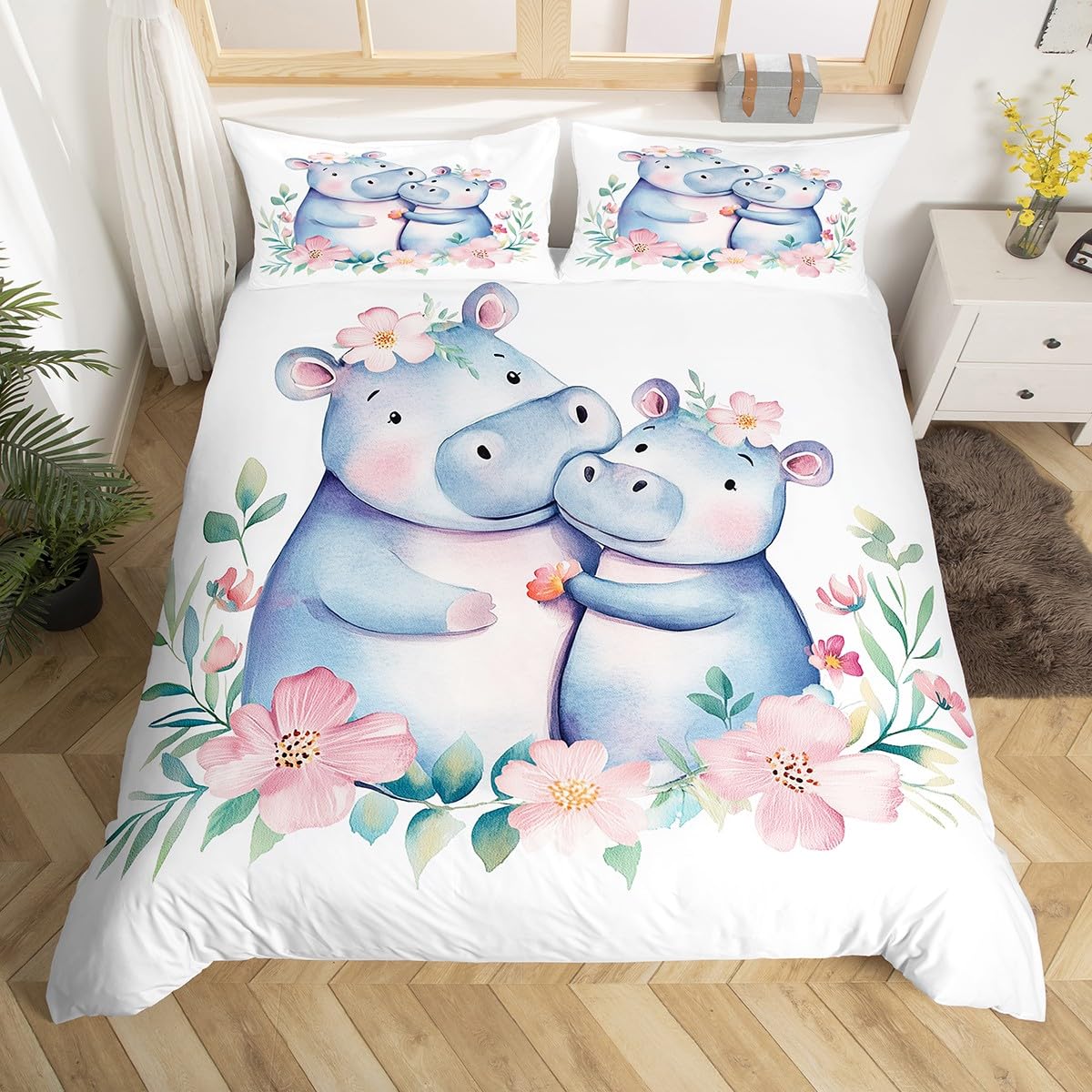 Erosebridal Hippo Comforter Cover Cartoon Animal Bedding Set for Kids Youth Teens,Garden Flower Duvet Cover Palm Leaves Quilt Cover Cute Wildlife Bedroom Decor Queen Size Plain White