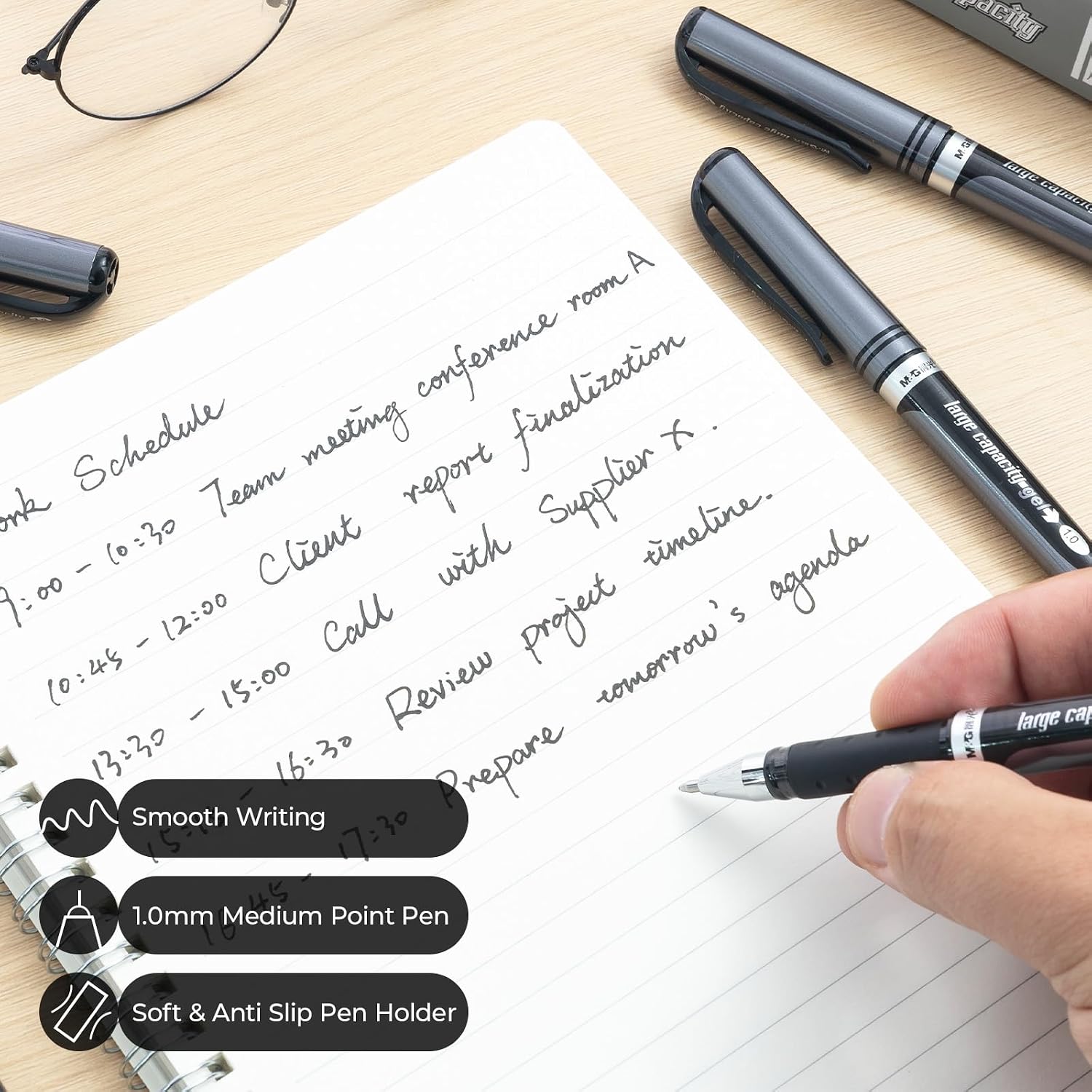 M&G 6 Pcs Gel Pens, 1.0mm Black Ink Gel Pens Bold Point, Quick Dry Gel Ink Pens Bulk Smooth Writing with Soft Anti-Slip Grip & Plug-In Cover for Journaling Office Supplies School image 5