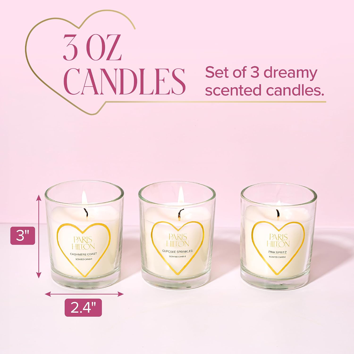 Paris Hilton Scented Candle Votive Set, Glass Vessels with Gold Heart Labels, Premium Plant Wax Blend, Set of 3, 3-Ounce Each