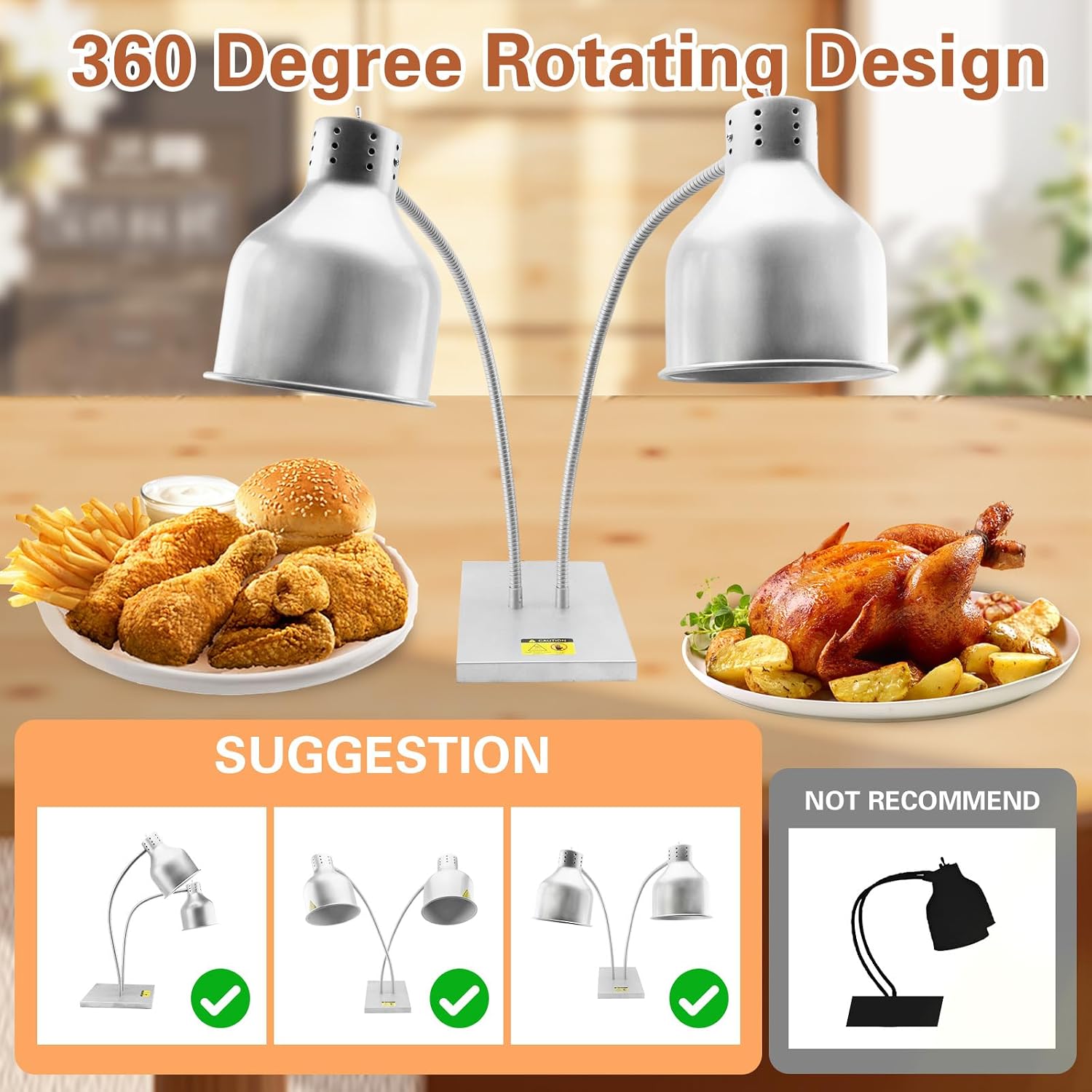 Commercial Head Food Heat Lamp, FUXULLACO Portable Electric Food Warmer 3-Bulb 250W Electric Warming Lights for Food Service Restaurant Buffet Kitchen (Silver)