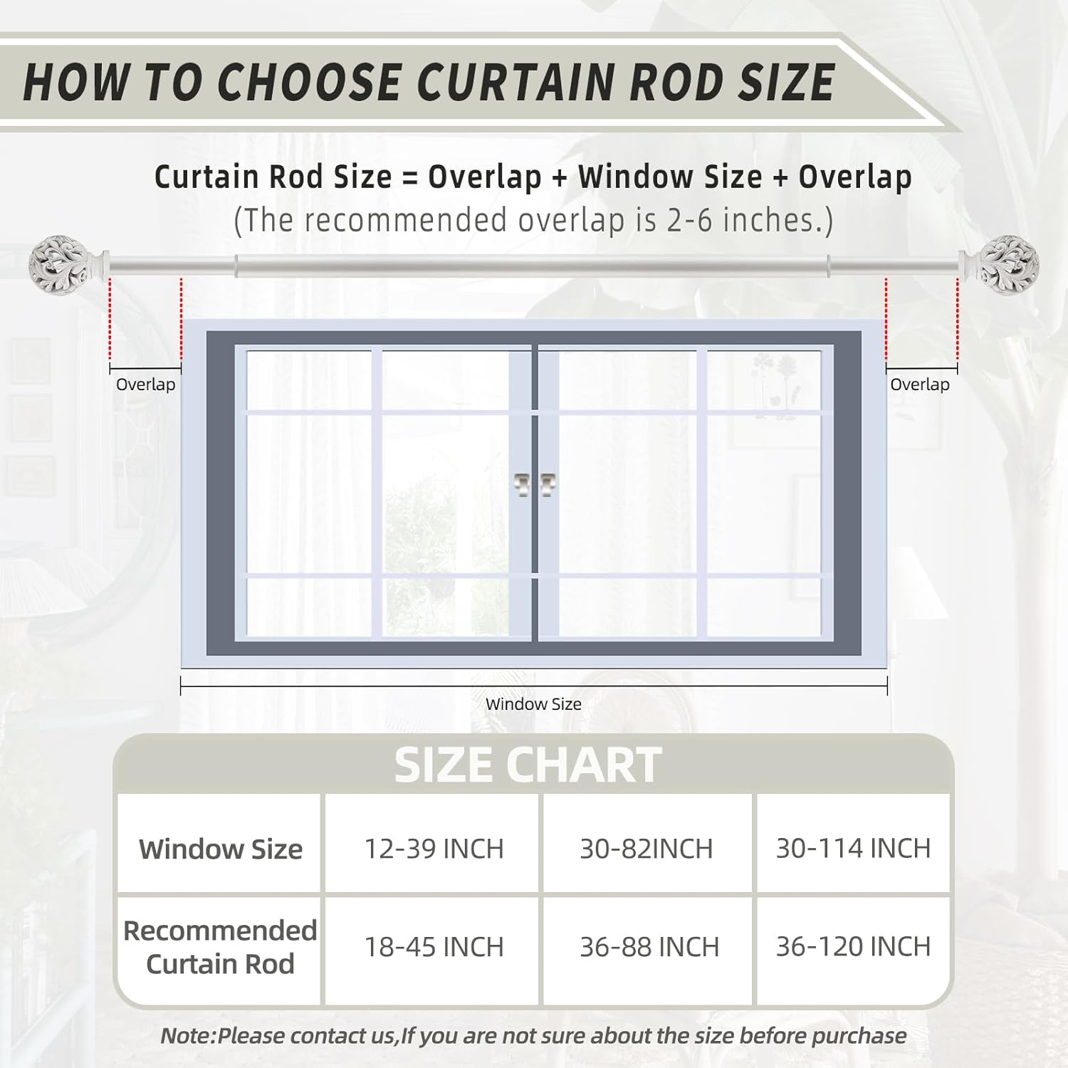Heavy Duty Curtain Rod 18 to 64 inches (1.5-5.55 ft)，1-Inch Diameter Adjustable Drapery Rod with Decorative Openwork Carved Leaf Finials, Weathered White Curtain Rods for Living Room & Bedroom