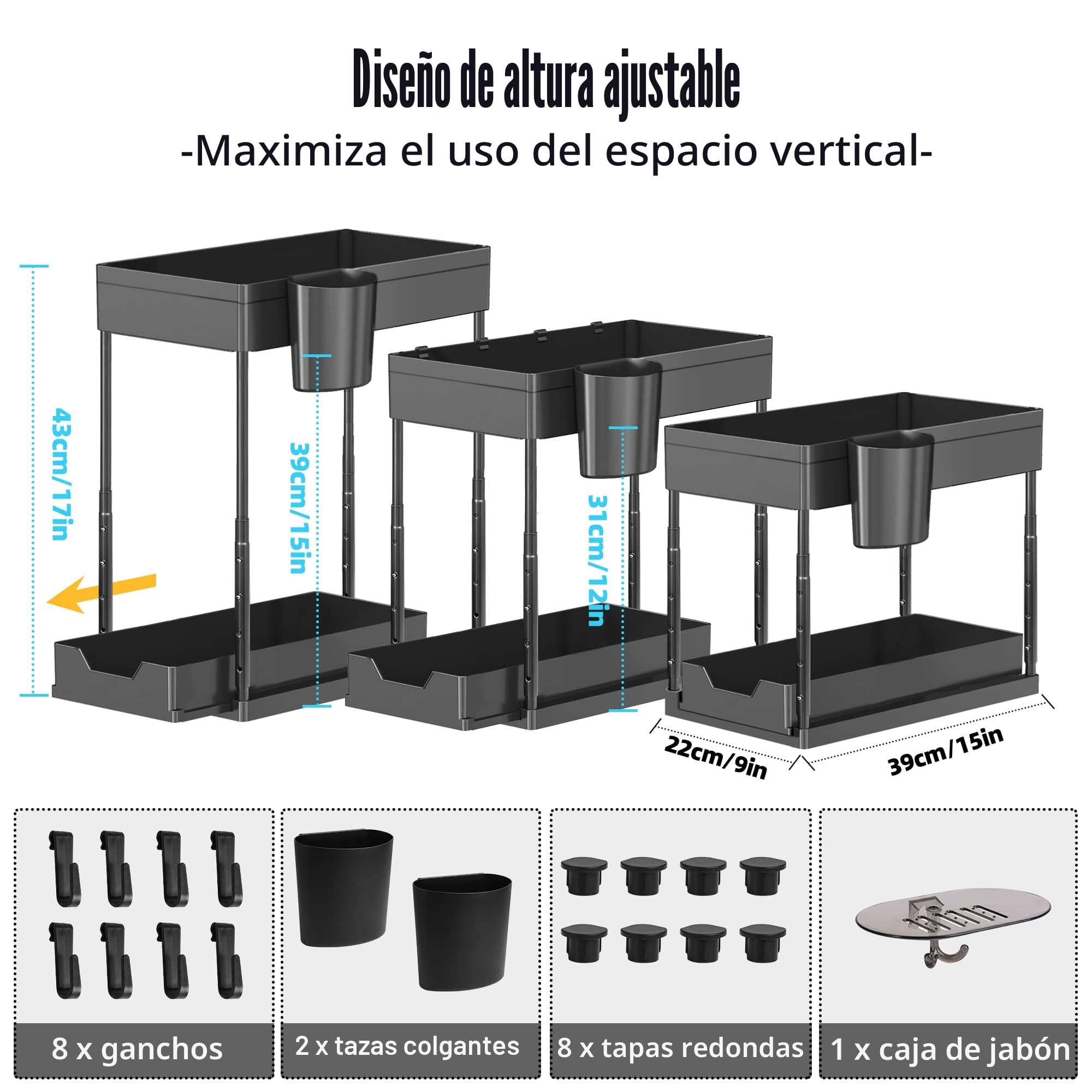 Eufrozy 2 Paquete Organizador Bajo Fregadero, Almacenaje Debajo Fregadero de 2 Niveles Regulable en Altura con 8 Ganchos 2 Tazas 1 Jabonera, Estante Bajo Fregadero Deslizante para Cocina Baño