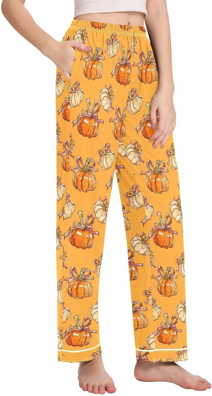 Pajama Pants Women Fall Pumpkin Bows Soft Sleep Lounge Pj Bottoms with Pocket S-XXL
