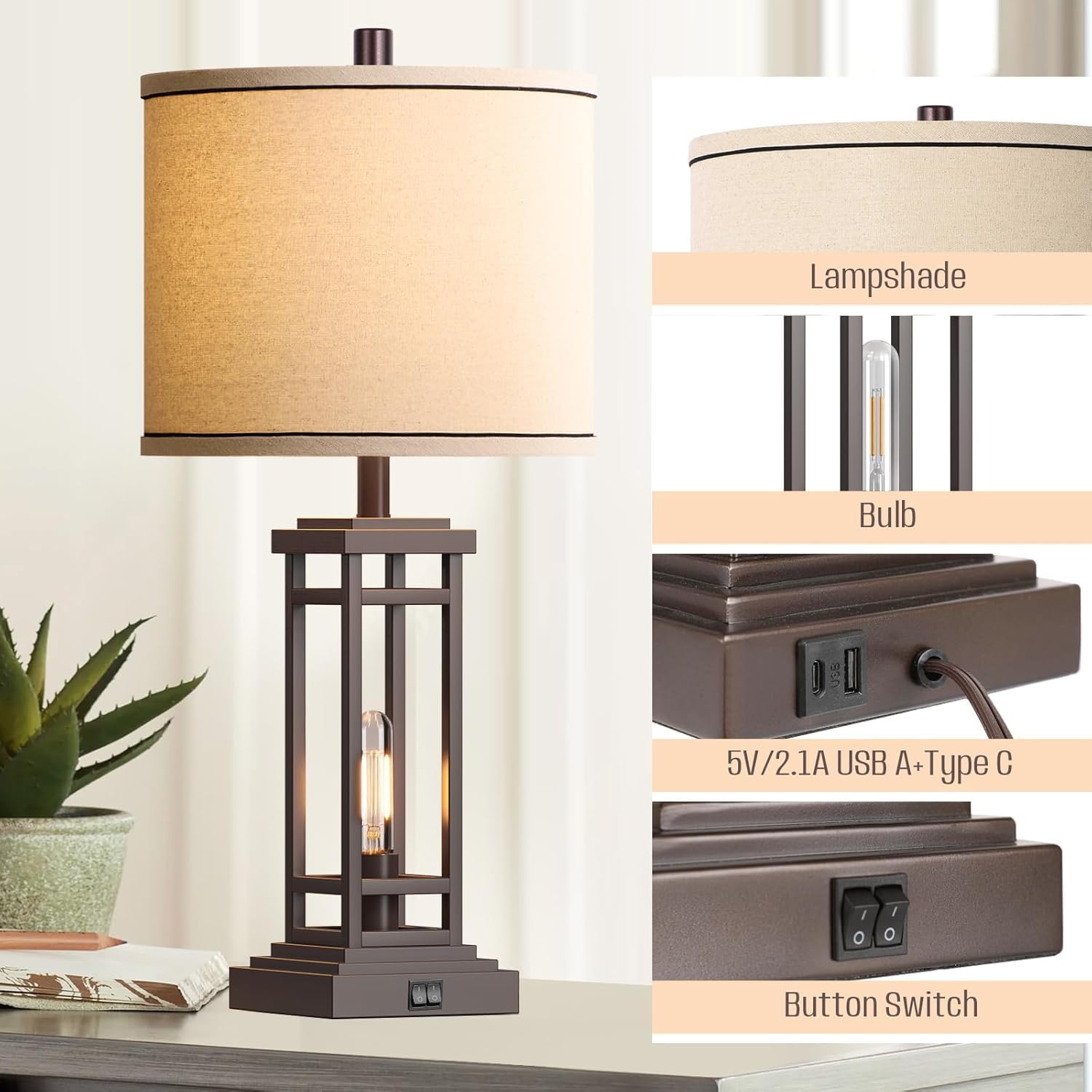 ROTTOGOON 27.5 Tall Farmhouse Table Lamp with USB C + USB A Charge Ports, Rustic Living Room Lamp, Black Industrial End Table Lamp for Bedroom Living Room Nightstand (Oil-Rubbed Bronze)