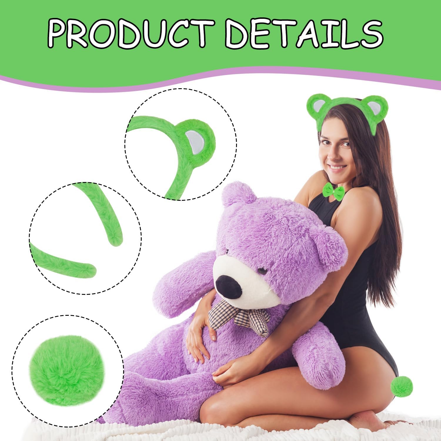JIALWEN Bear Ears Headband with Tail Bowtie Set Animal Bear Costume Headwear Cosplay Dress Up Accessories for Adults Women - Image 3