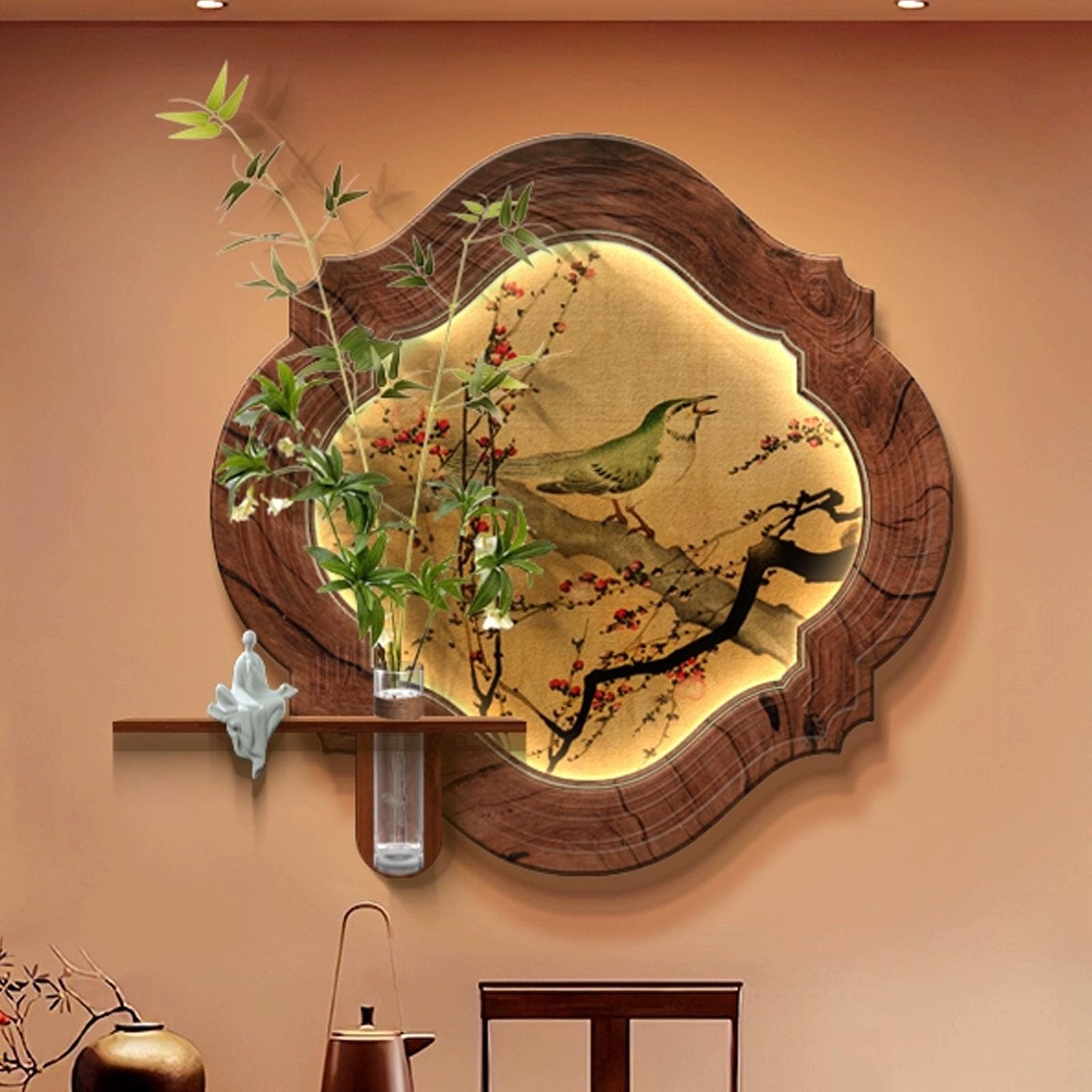 Décoration murale 3D suspendue LED plante artificielle tableau grès 80x80