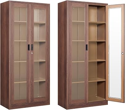 Display Cabinet with Glass Doors, Display Case Cabinet for Collectibles, Curio Display Cabinet with 4 Adjustable Shelves, 71" Glass Display Cabinet for Home Living Room Wood Color
