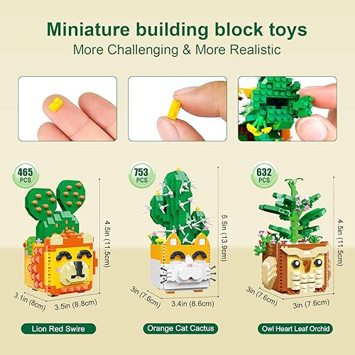 Miniatura 2 de Paquete de 3 juguetes de construcción de microladrillos, cacto rojo león, cactus y búho, orquídea de hoja de corazón, mini bloques de construcción,