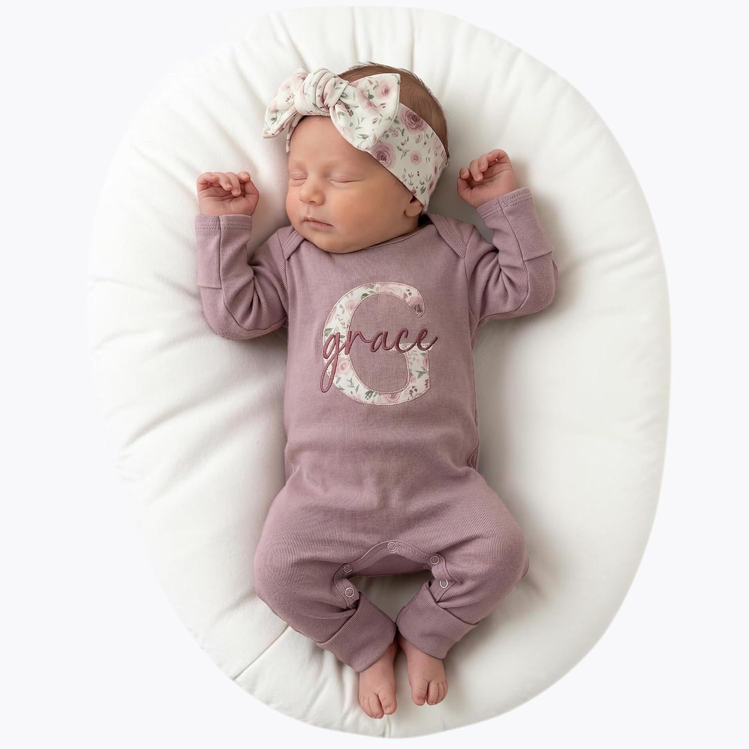 Linkababy Personalized Baby Girl Coming Home Outfit, 100% Cotton Embroidered Romper, Headband, Bow, Baby Shower, Newborn 0-3M