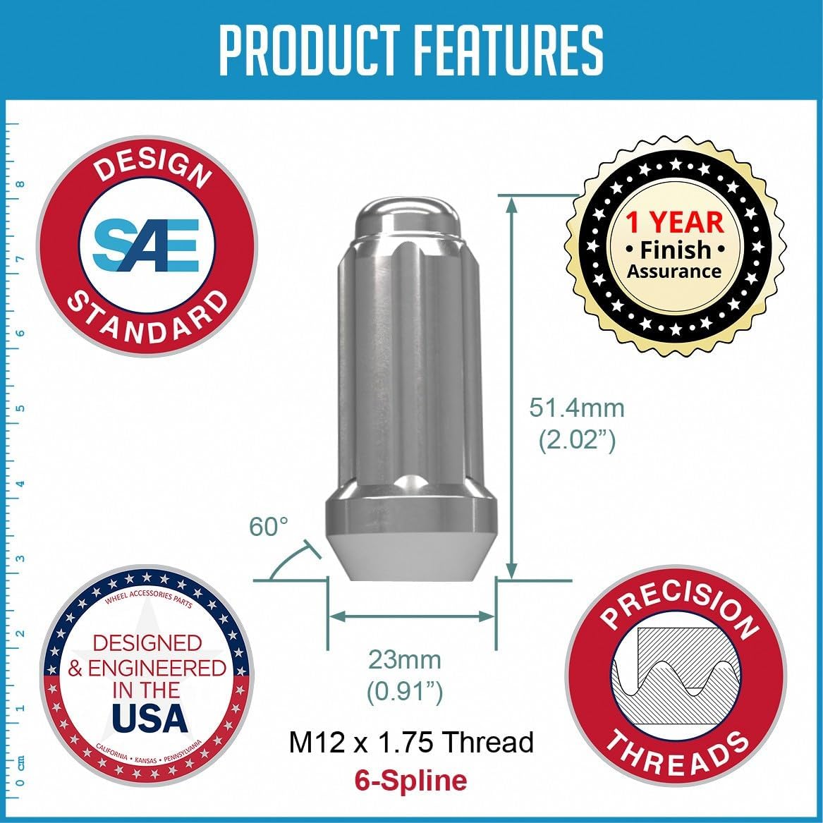 Wheel Accessories Parts 60 Pcs M12x1.75 12x1.75 Thread Truck 2.00" Long Spline Lug Nuts Chrome 6 Spline Fits 1997 to 1999 Ford F150 Expedition 1998 to 1999 Lincoln Navigator