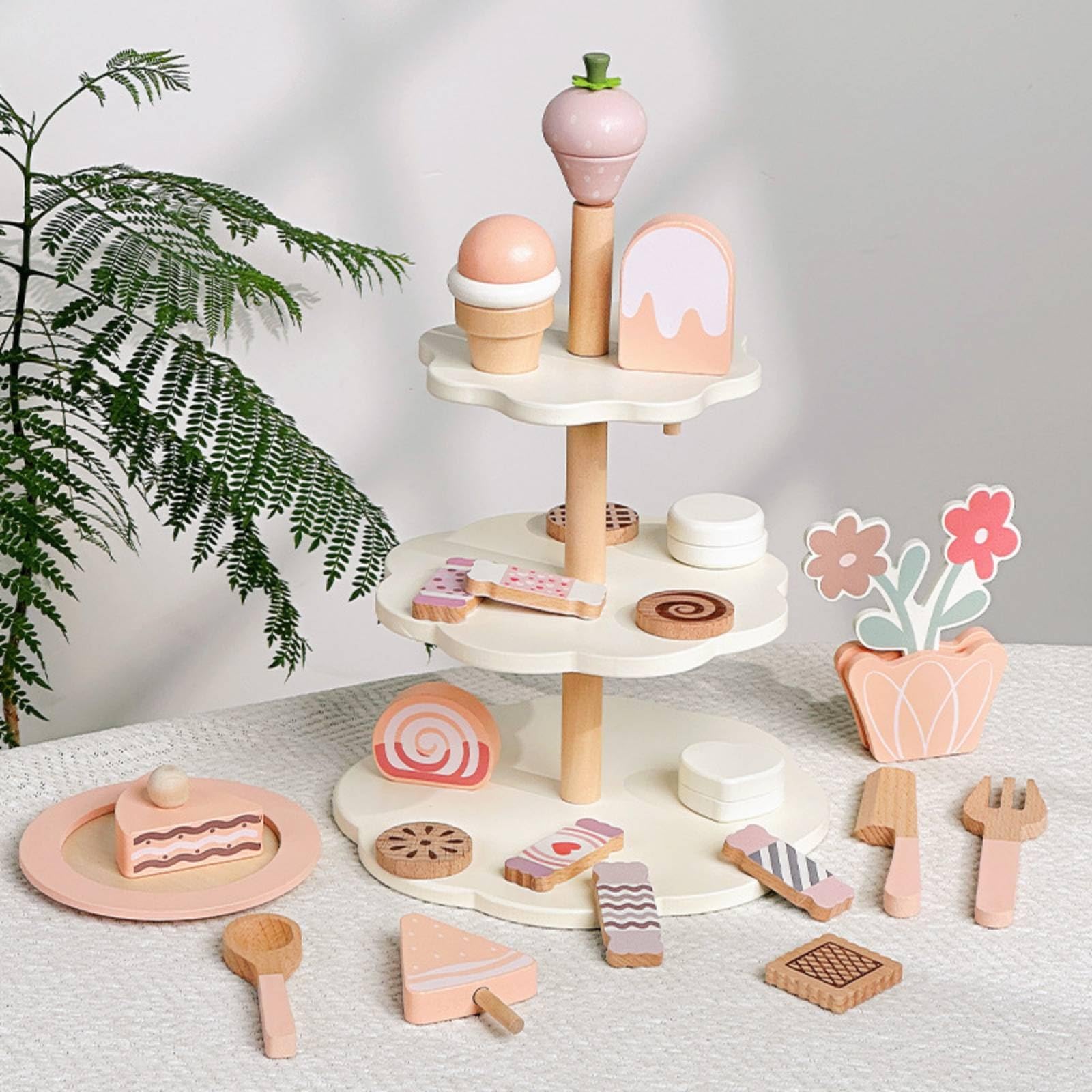 Perfeclan Children Play Kitchen Juego de Té Infantil Juguete de Madera Set de Dulces Soporte de Pasteles Helados Lollipops con Madera Lisa Adecuado para de Té Juego Simbólico Cocinas de Juego
