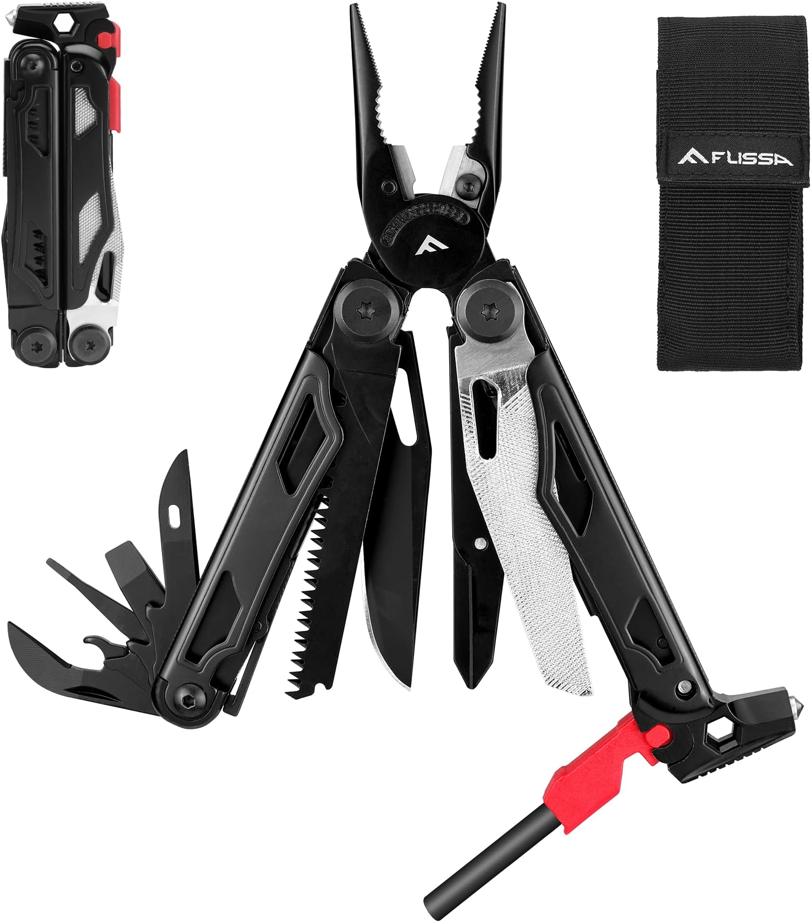 FLISSA 19-in-1 Multi-Tool Pliers | Carry Bag Included | Stainless Steel Multifunctional Tool | Wire Cutter | Bottle Opener | Screwdriver | Belt Clip | Ideal for Camping and Maintenance | Sheath-Black