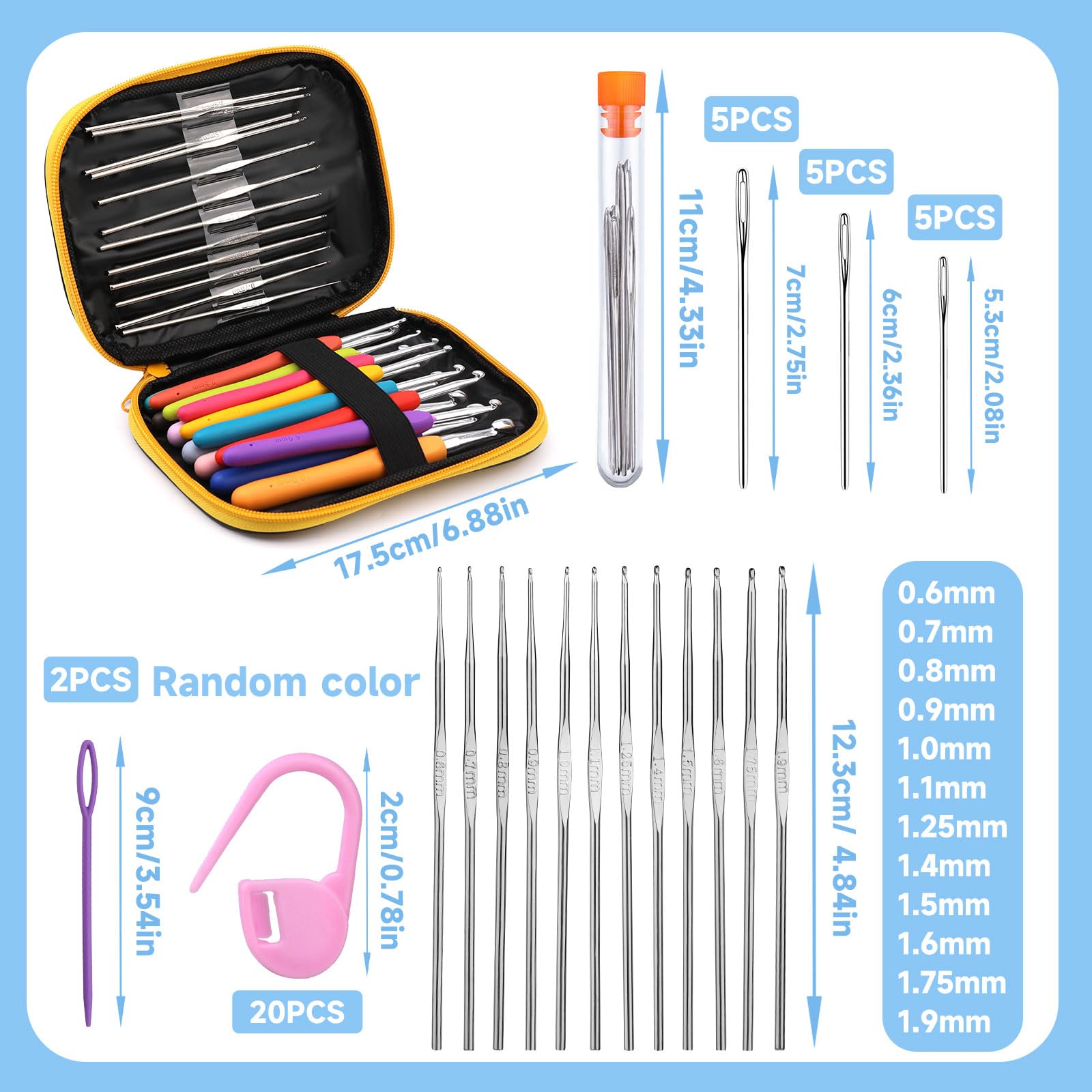 2 Pack Crochet Hook Set - 76 Piece Ergonomic Kit With 0.8mm-6mm Needles & Stitch Markers