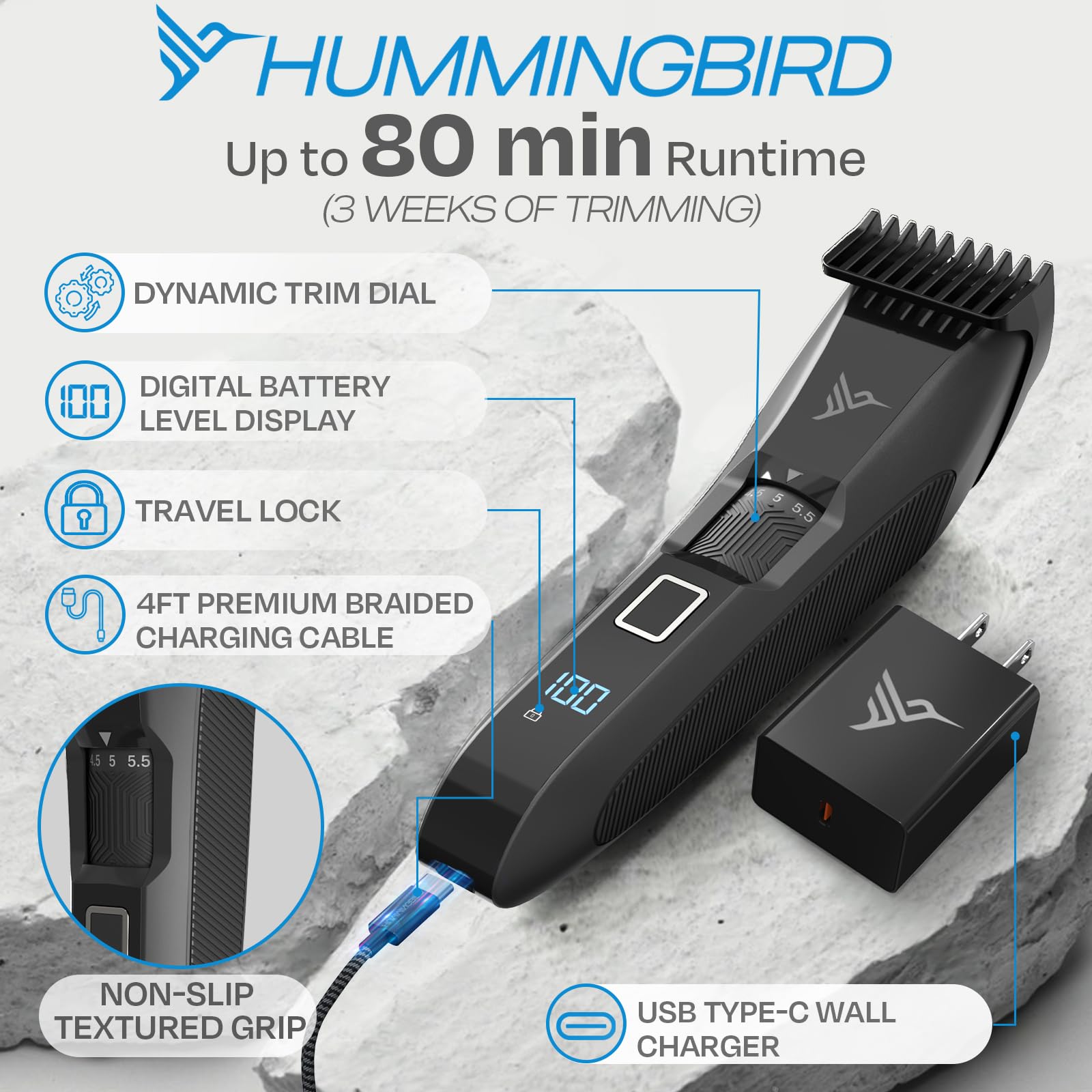 HUMMINGBIRD MK14 BeardMaster Premium Barttrimmer für Männer, Präzisionszifferblatt, 20 Längeneinstellungen, T-Klinge aus Edelstahl, wiederaufladbar mit USB-C Wireless