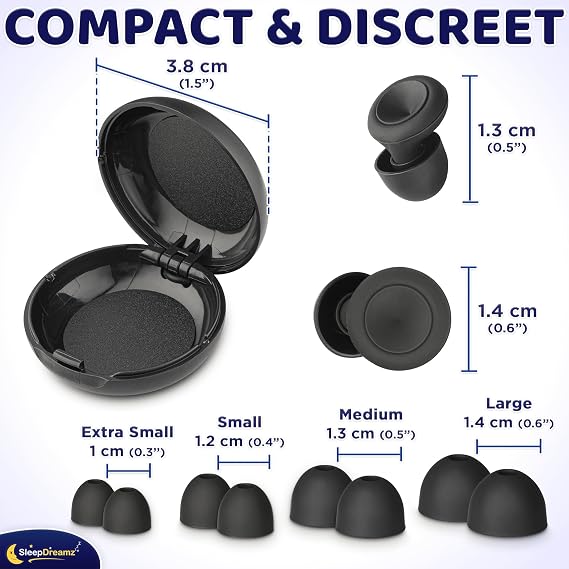 Ear Plugs for Sleeping - 1 Pair with 4 Size Options, Silicone, Black | Noise Reduction flexible ear buds, blocks loud snoring, flush fit for side sleepers, reusable and washable, with 8 pcs tips