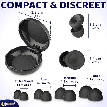 Ear Plugs for Sleeping - 1 Pair with 4 Size Options, Silicone, Black | Noise Reduction flexible ear buds, blocks loud snoring, flush fit for side sleepers, reusable and washable, with 8 pcs tips
