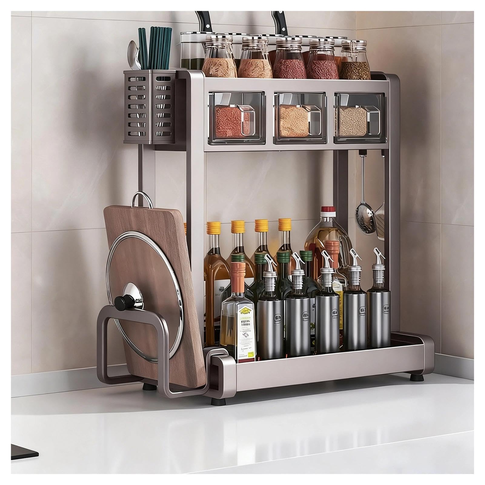 HADECOLL Metal Spice Rack For Kitchen, Organizer With Hooks And Utensil Holders, Storage For Sugar, Salt, Pepper And Oil Bottles,Grey-3 Boxes