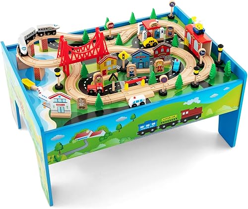 INFANS Mesa de tren, 80 piezas de madera para niños con mesa reversible desmontable, pistas, tren, ferrocarril, ciudad, regalo para niños y niñas a