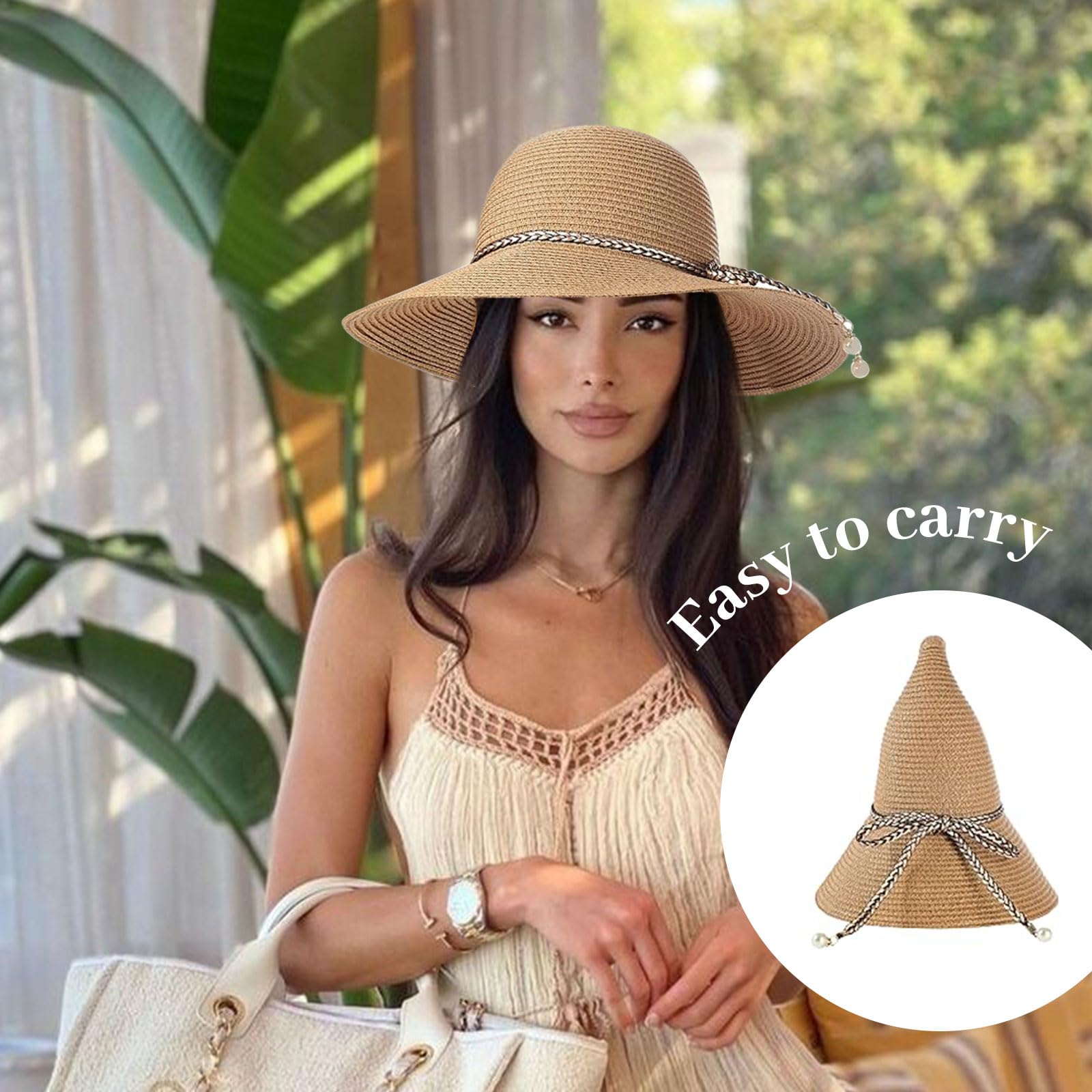 BelleVive Chapeau de Soleil pour Femmes - Protection UV 50+, Paille d'Été, Repliable à Large Bord