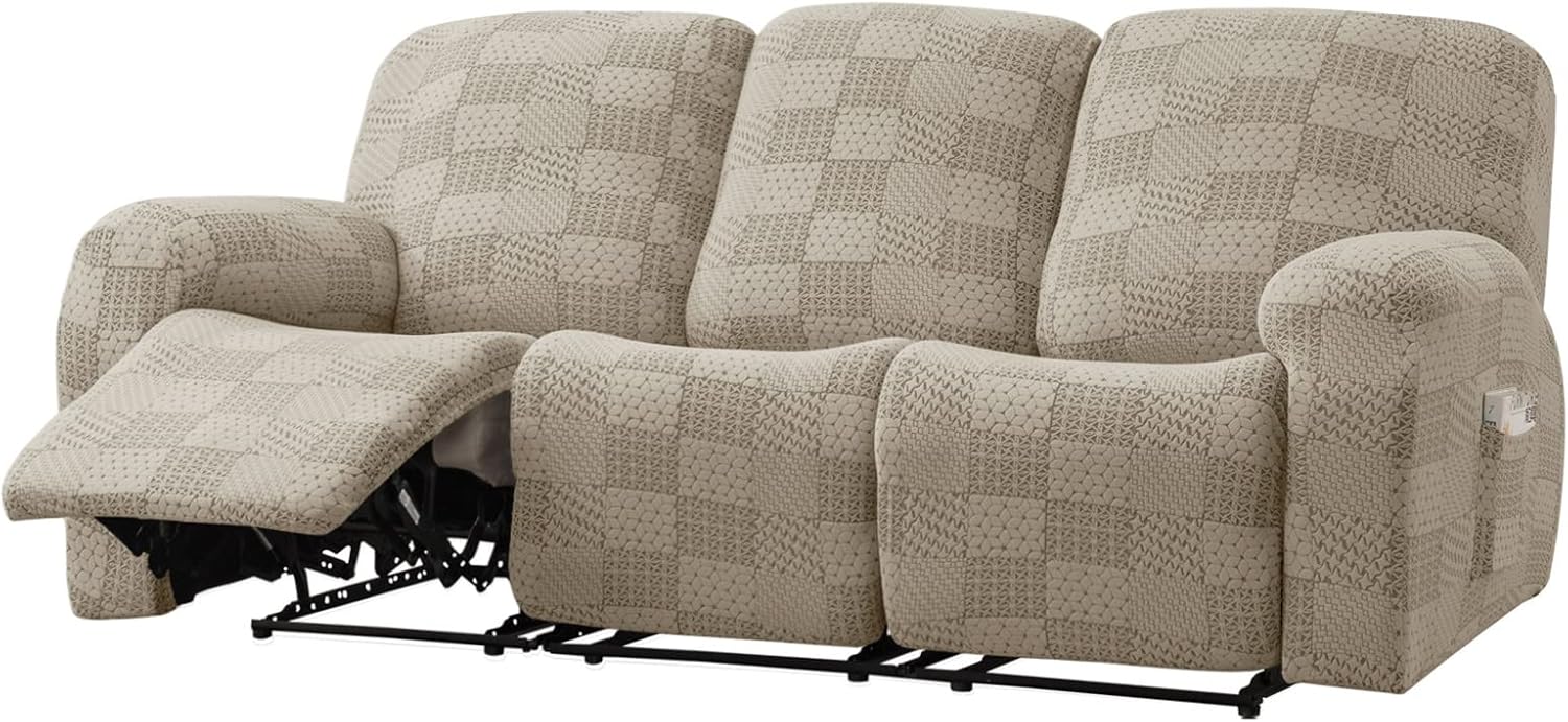 Stretch Recliner Sofa Covers for 3 Seater, 8 Pieces Recliner Sofa Slipcovers Armchair Covers Couch Furniture Protector (Sand,3 Seater)