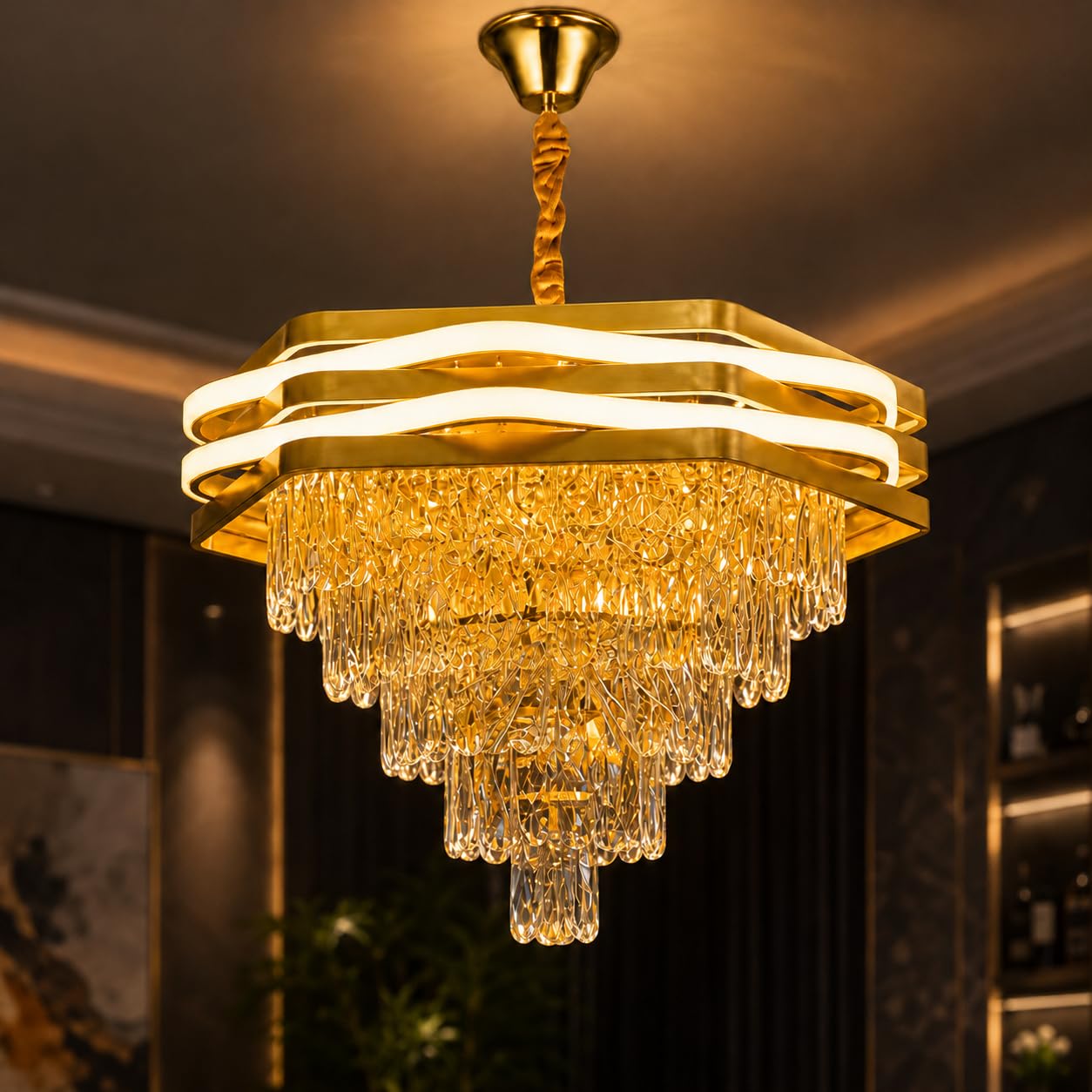 Manraj Modern Luxury Crystal LED Chandelier for Living Room, Gold Finish Ceiling Light with Premium K9 Crystals, Warm LED Chandelier for Dining Room, Bedroom & Luxury Interior Décor (600mm)-image-39