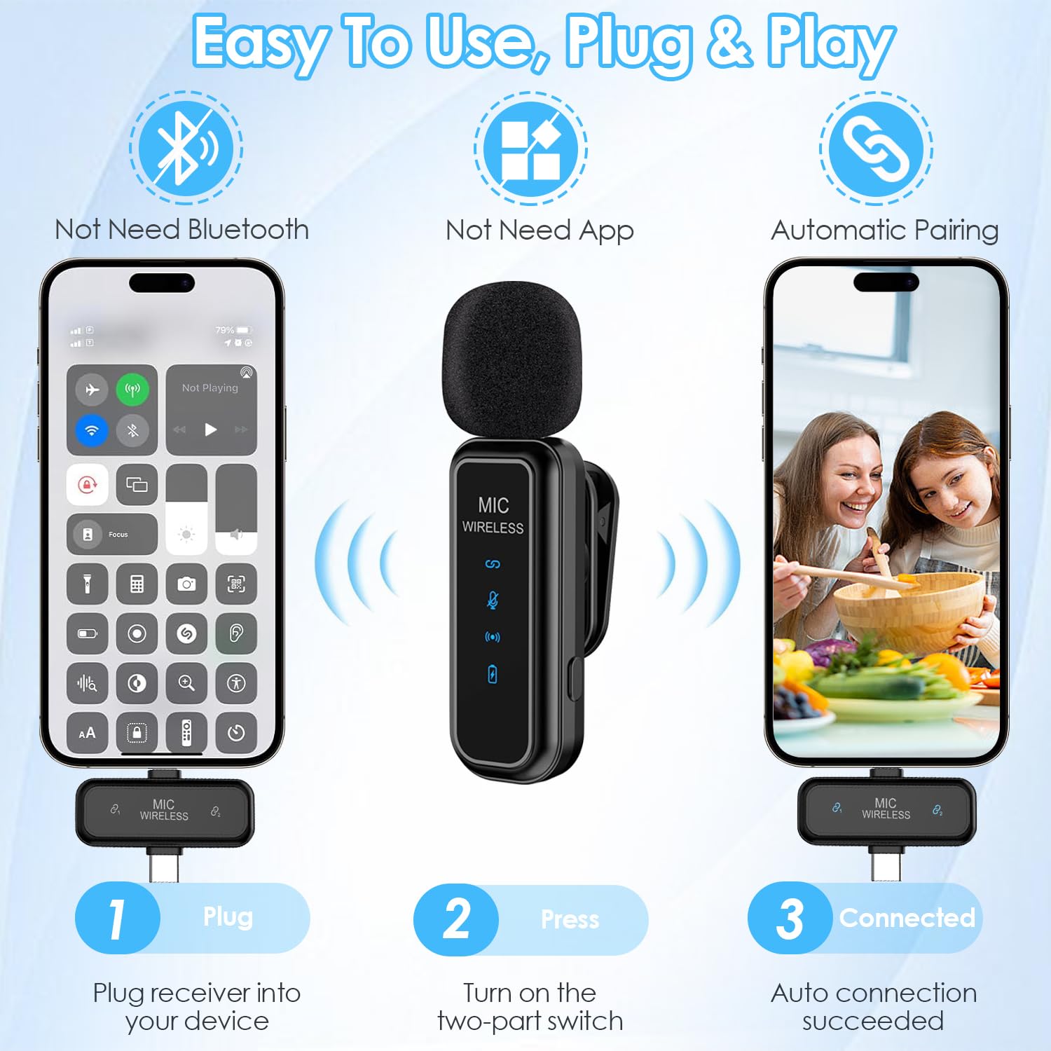 2 in 1 Drahtlose Lavalier Mikrofone für iPhone, iPad, Android, Kamera, USB-C Mikrofon 2er Pack Rauschunterdrückung kristallklare Aufnahme für Videoaufnahmen, Vlog, YouTube, TikTok, Interview