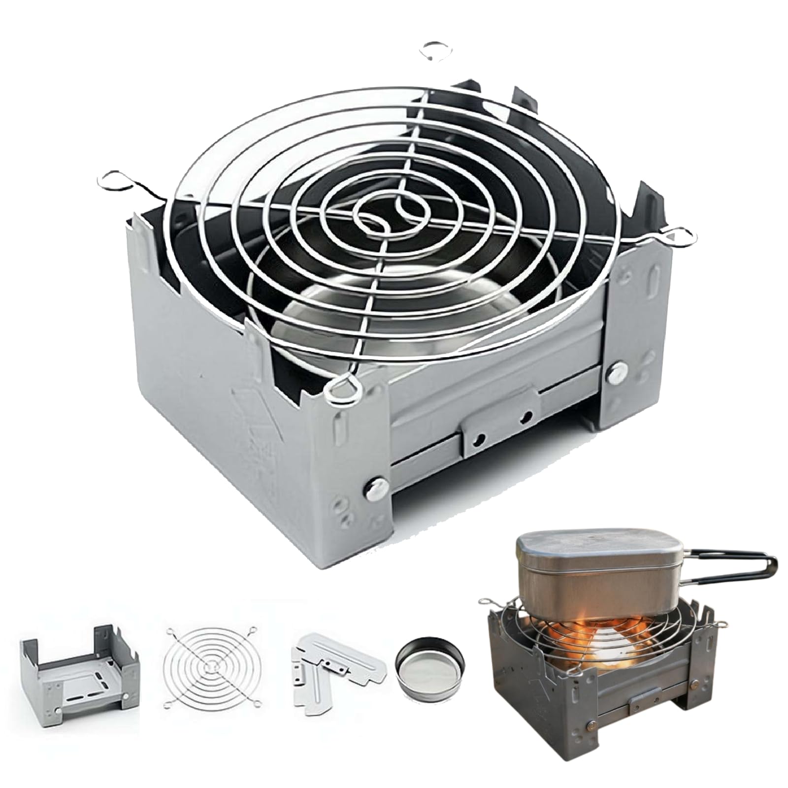 Folding Camping Stove – German Style Ultralight Pocket Rocket Stove, Portable Collapsible Camp Stoves with Windshield, Solid Fuel Emergency Furnace for Backpacking Hiking, 104g (Silvery+pan)