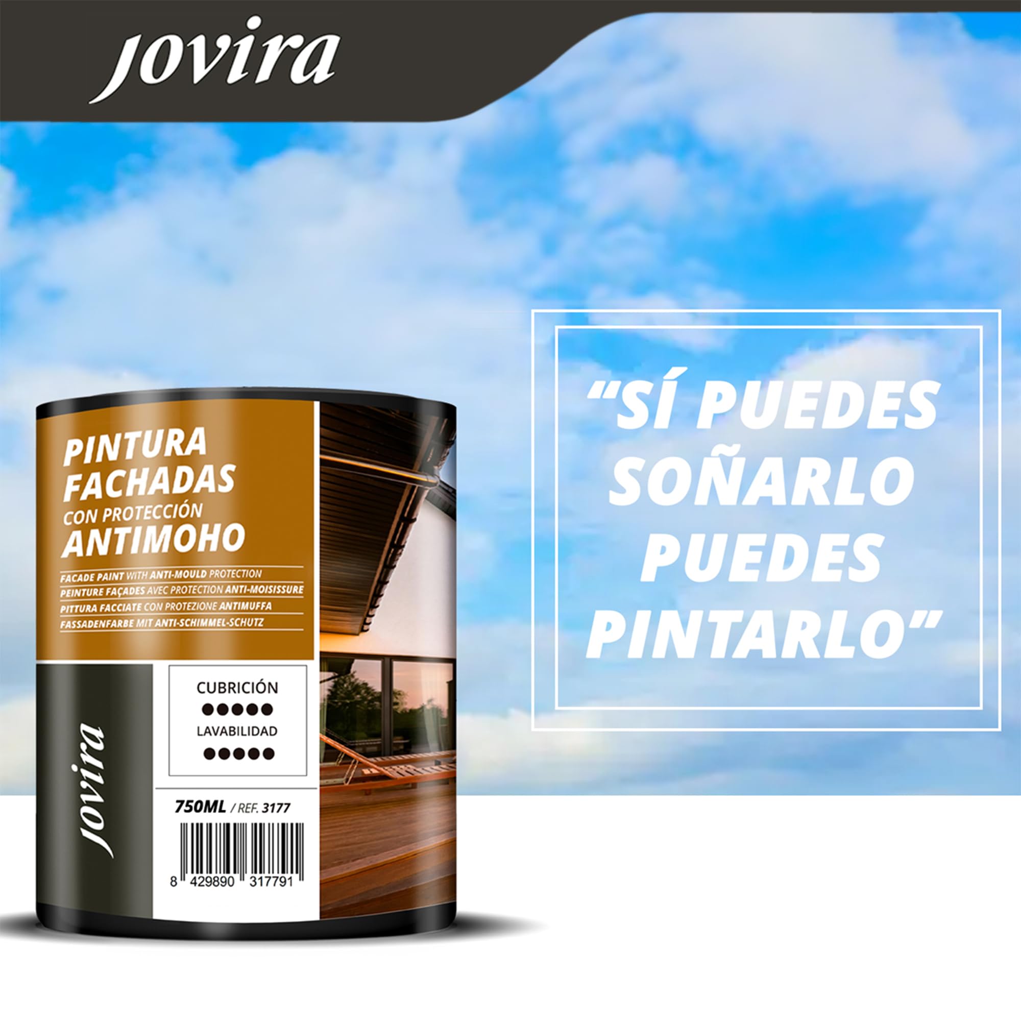 JOVIRA PINTURAS PINTURA FACHADAS ANTIMOHO. Repelente al agua, impermeable y anti fisuras. (4 Litros, Blanco) A-10