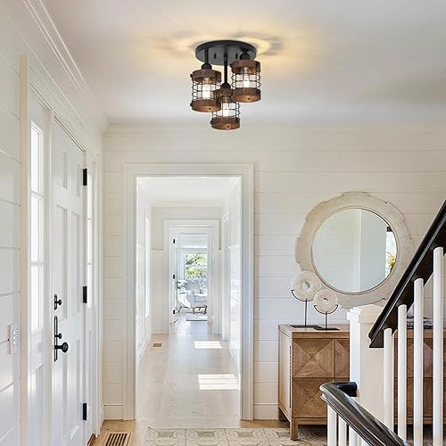 Miniatura 9 de Lámpara de techo semiempotrada de madera negra, 3 luces modernas cerca del techo,