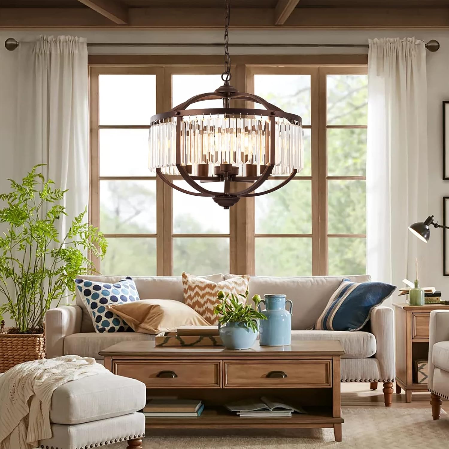 MICSIU 5 Light Crystal Chandelier Light Fixture, Diameter 20 Inch Large Round Pendant Light Kitchen Island, Oil Rubbed Bronze Ceiling Light for Bedroom, Foyer, Living Room, Dining Room, Kitchen