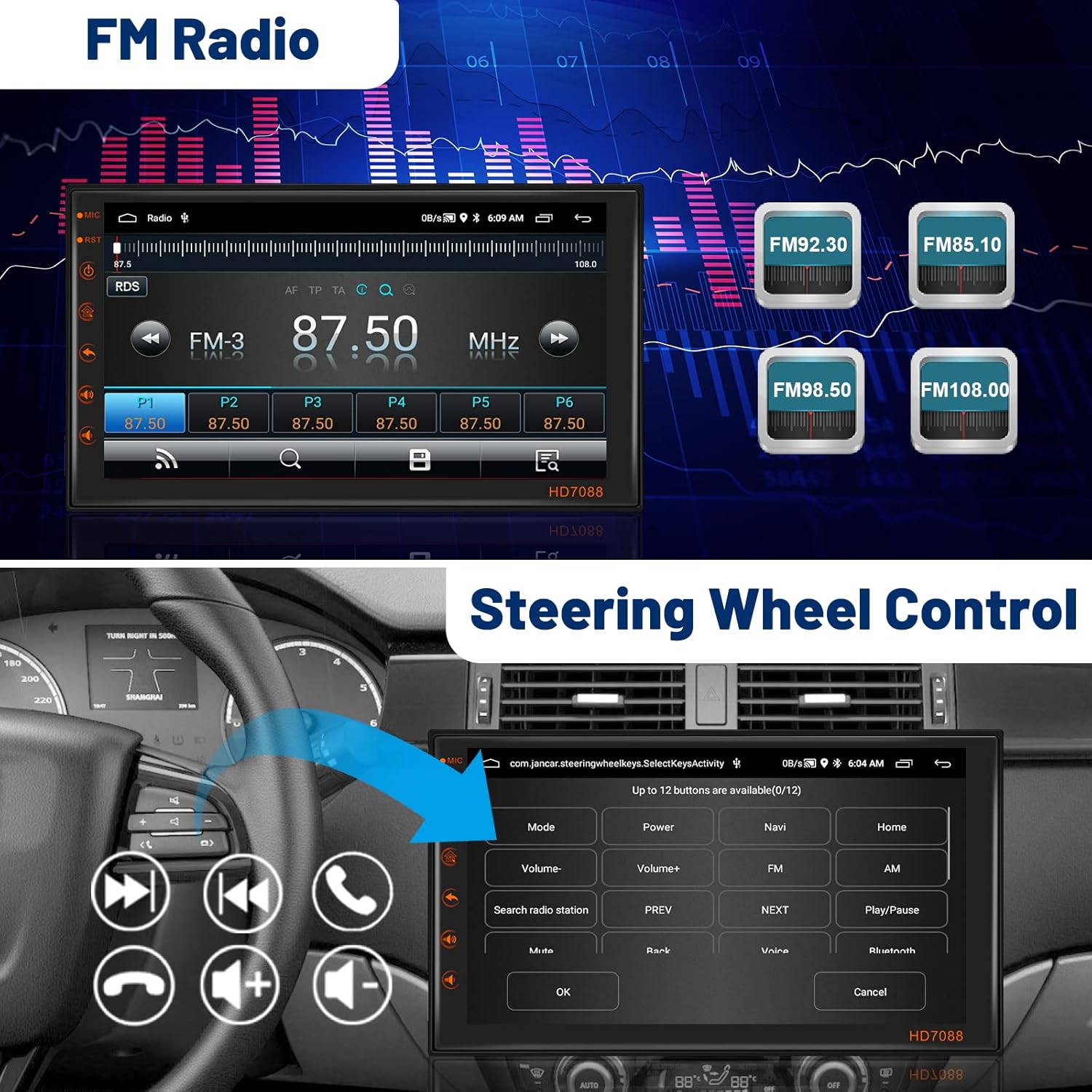 Top half shows car stereo screen with FM radio interface and frequency presets. Bottom half shows a steering wheel and car stereo screen with steering wheel control settings.