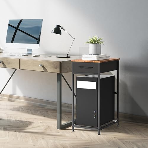 Miniatura 4 de Soporte para torre de computadora, carrito de impresora móvil con ruedas, soporte de CPU rodante de 2 niveles con cajón de almacenamiento, soporte