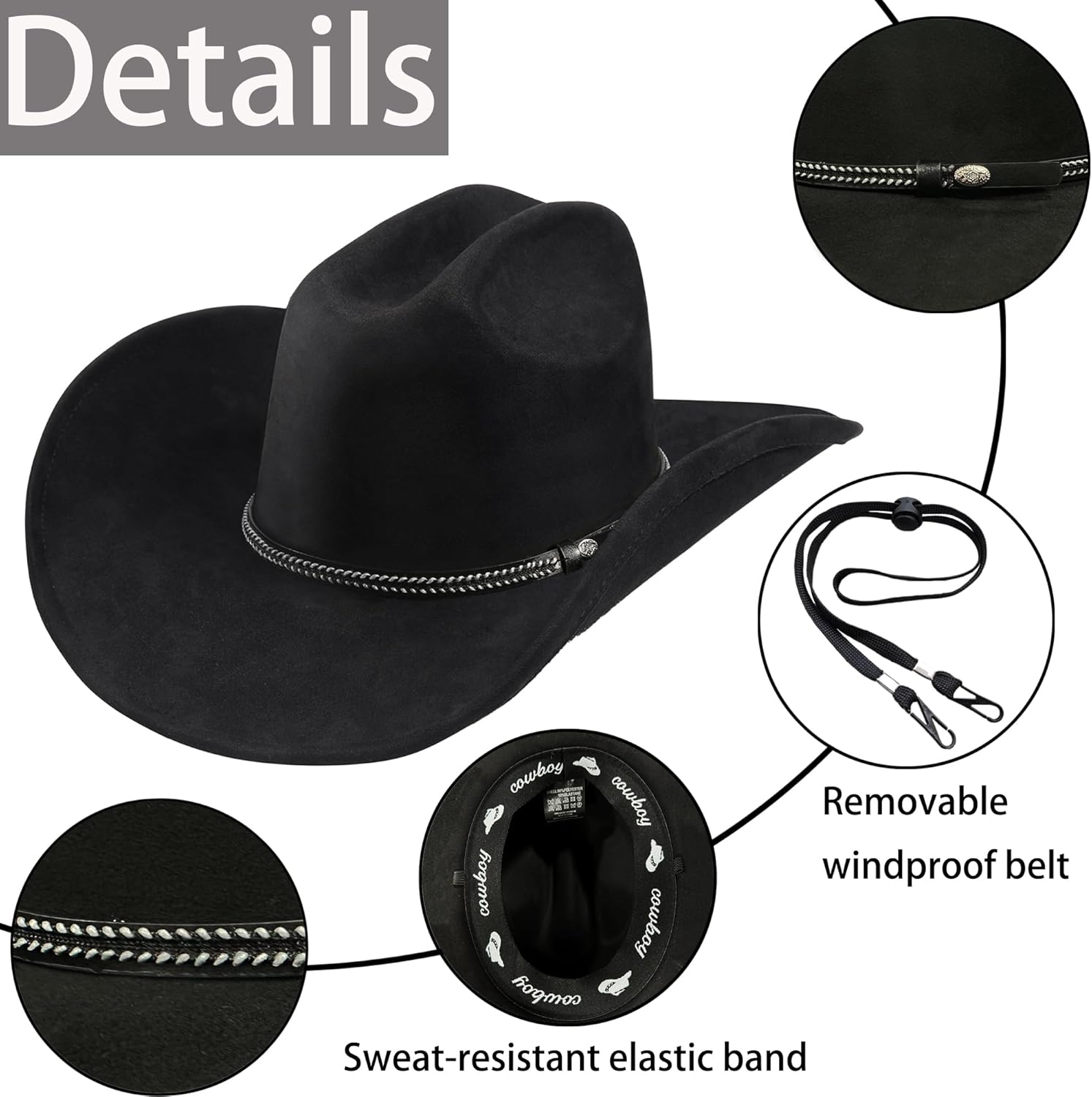 Western Cowboy Hat for Men Women,Shapeable Wide Brim Felt Fedora Classic Cowgirl Hats for Cowboys and Cowgirls,with bolo tie - Image 2