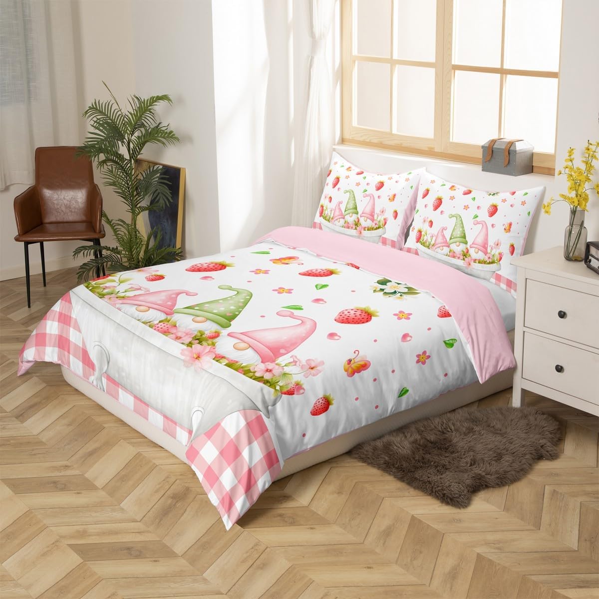Funny Gnome Kids Duvet Cover Set Toddler Size,Strawberry Spring Floral Plant Bedding Set,Boys Girls Room Decor,Pink White Checkered Quilt Cover,No Comforter