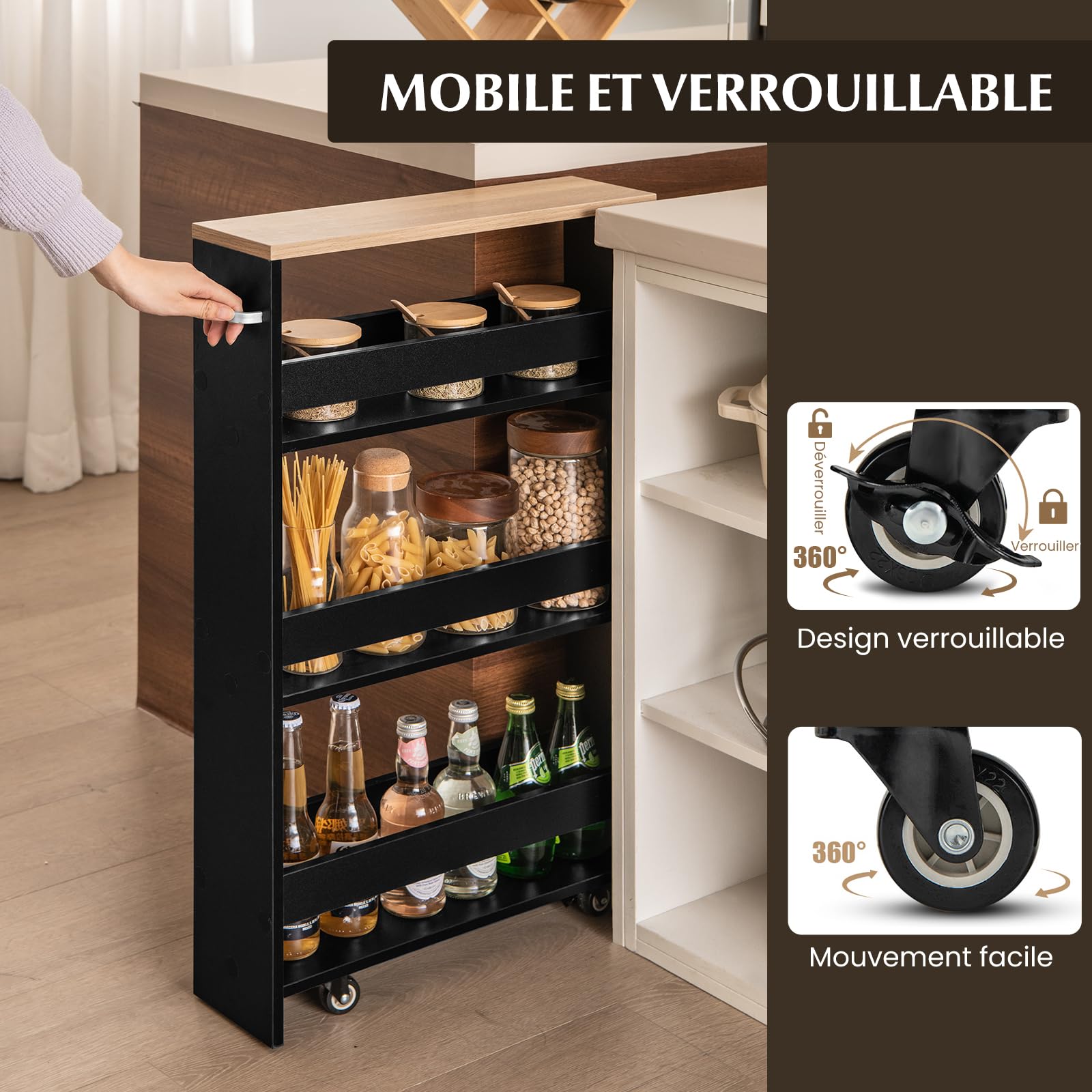 GOPLUS Chariot à roulettes de Cuisine à 4 Niveaux, 47 x 13 x 80 CM, Chariot de Rangement avec 4 roulettes Silencieuses, Poignée Latérale, Plaques de Protection (Noir+Naturel, 13CM(P)|sans Prise)