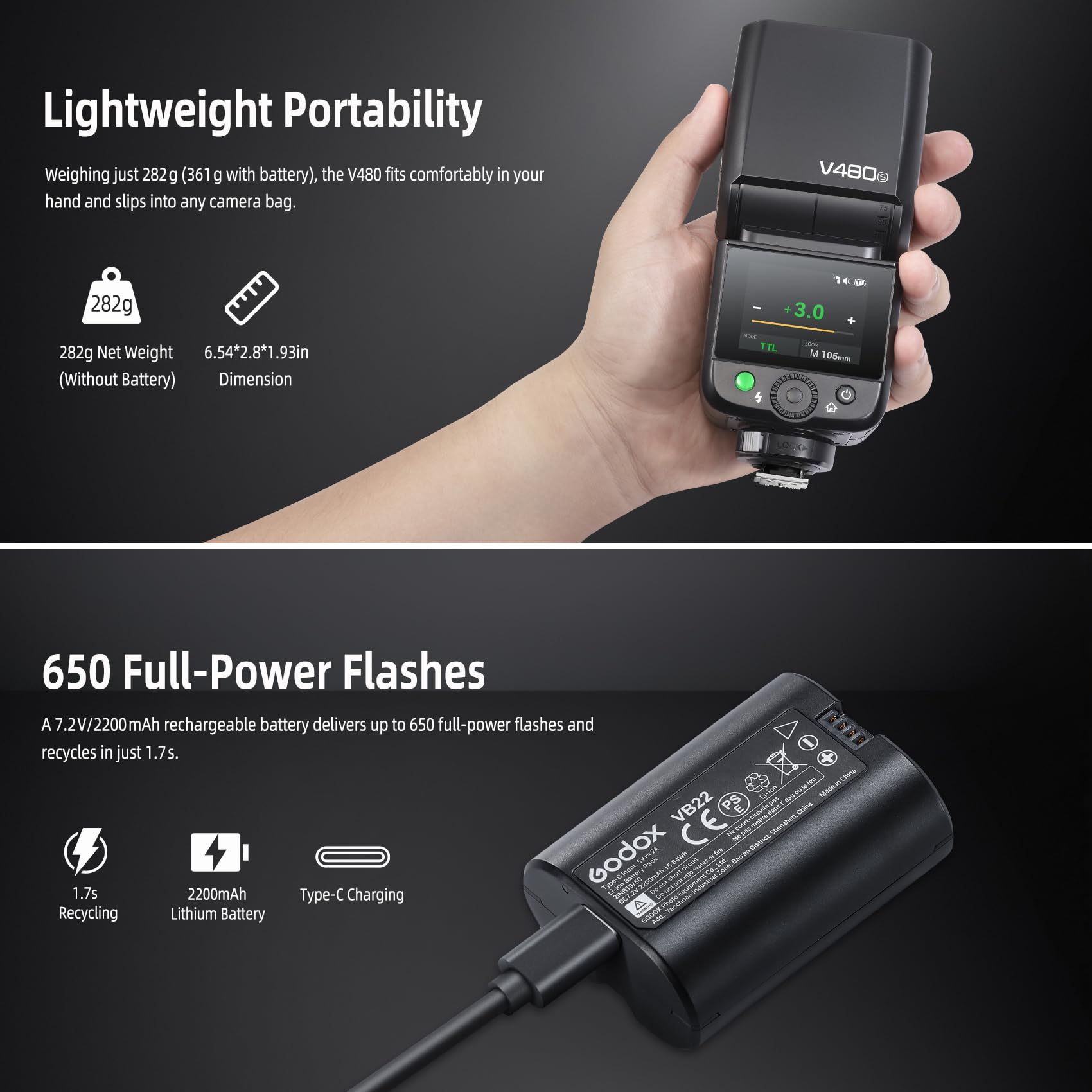 Godox V480 S V480-S TTL Cámara Flash Speedlite para Sony Cámaras | 2.4G GN50 HSS 1/8000s,Pantalla Táctil Flash Speedlight,Tiempo de Recarga de 1.7s,650 Full-Power-Blitze,7.2V 2200mAh Batería