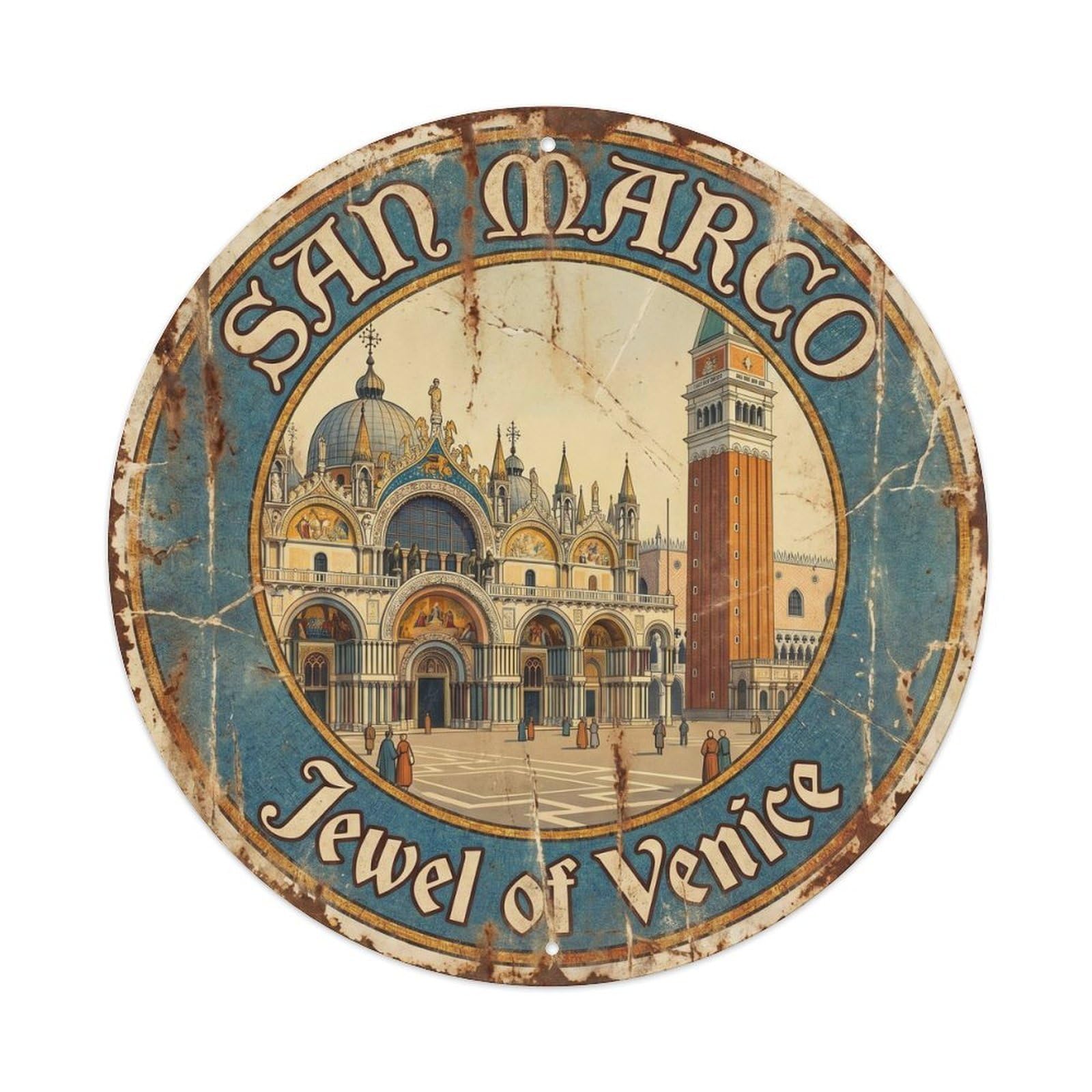Vintage Travel San Marco Venice Metal Tin Sign Plaque Wall Decor for Cafe, Club, Garden Round Metal Poster 8x8Inch