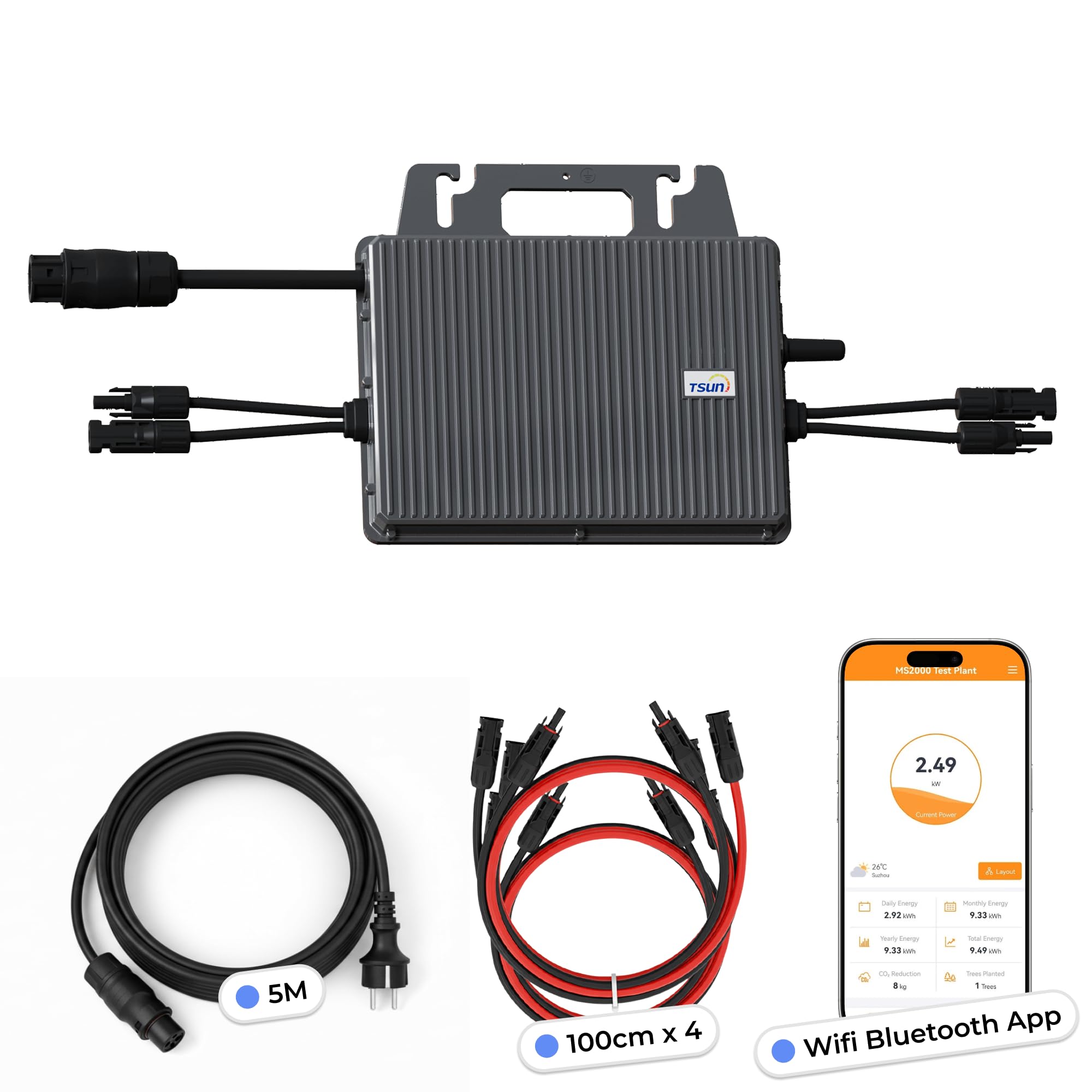 TSUN Mikro-Wechselrichter 800W TSOL-MS800 für Balkonkraftwerk, IP67 wetterfest, Plug&Play Installation, 2 MPPT, Bluetooth & WiFi, inkl. 5m Anschlusskabel & 4X 1 m Solar-Verlängerungen, Micro Inverter