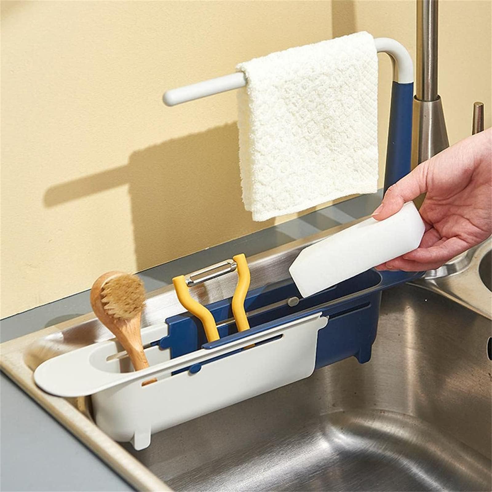 Photo 1 of [Side is broken off] FXUKM Onwddarefy Sink Storage Rack, Updated Telescopic Sink Storage Rack, Prosperousk Sink Organizer (Blue)