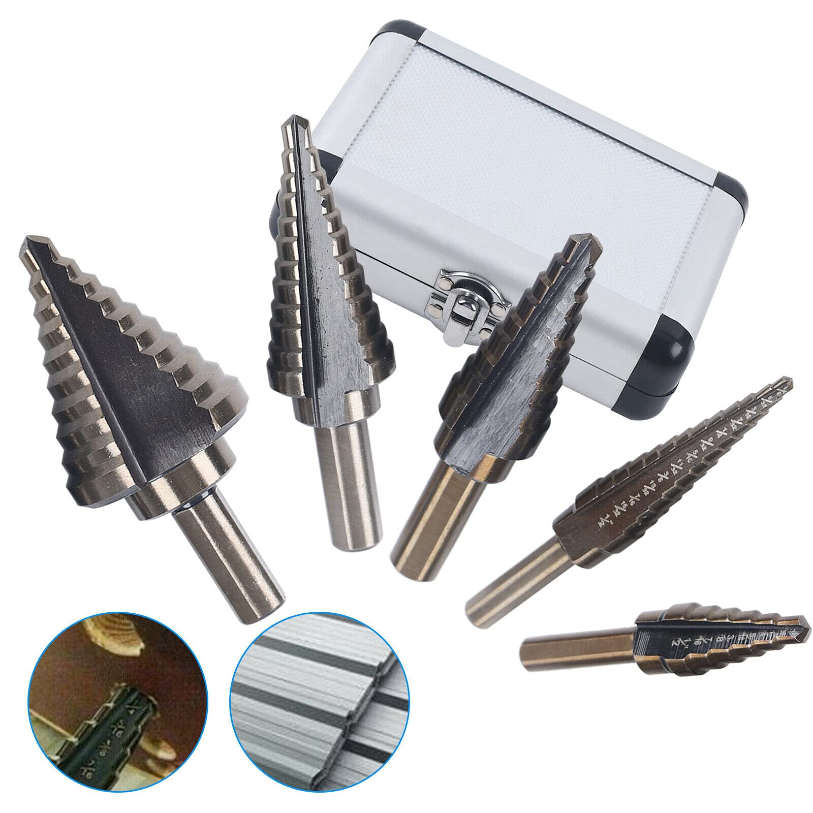 Juego de 5 brocas escalonadas HSS de cobalto profesional para acero inoxidable, metal, madera y plástico.