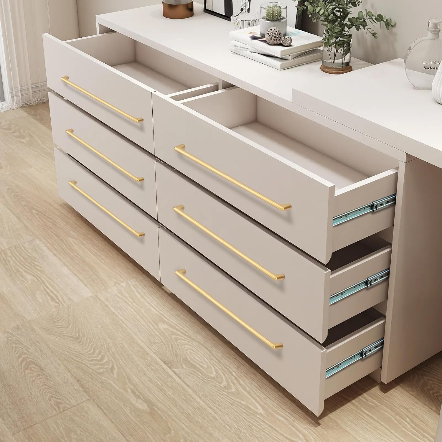 Lardmon 10 Pack Brushed Gold Modern Cabinet Pulls 11.3 Inch(288mm) Hole Center Timeless Drawer Pulls Vanity Pulls Classic Solid Kitchen Cabinet Handles Hardware, 11.7 Inch(298mm) Total Length