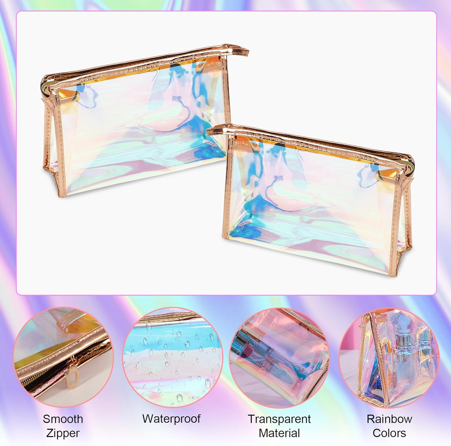 10 Pcs Holographic Makeup Bag Bulk Iridescent Makeup Pouch Clear Bachelorette Bag Portable Zippered Toiletry Bag Waterproof Cosmetic Gift Bags for Organizer, Brushes,Women Gifts